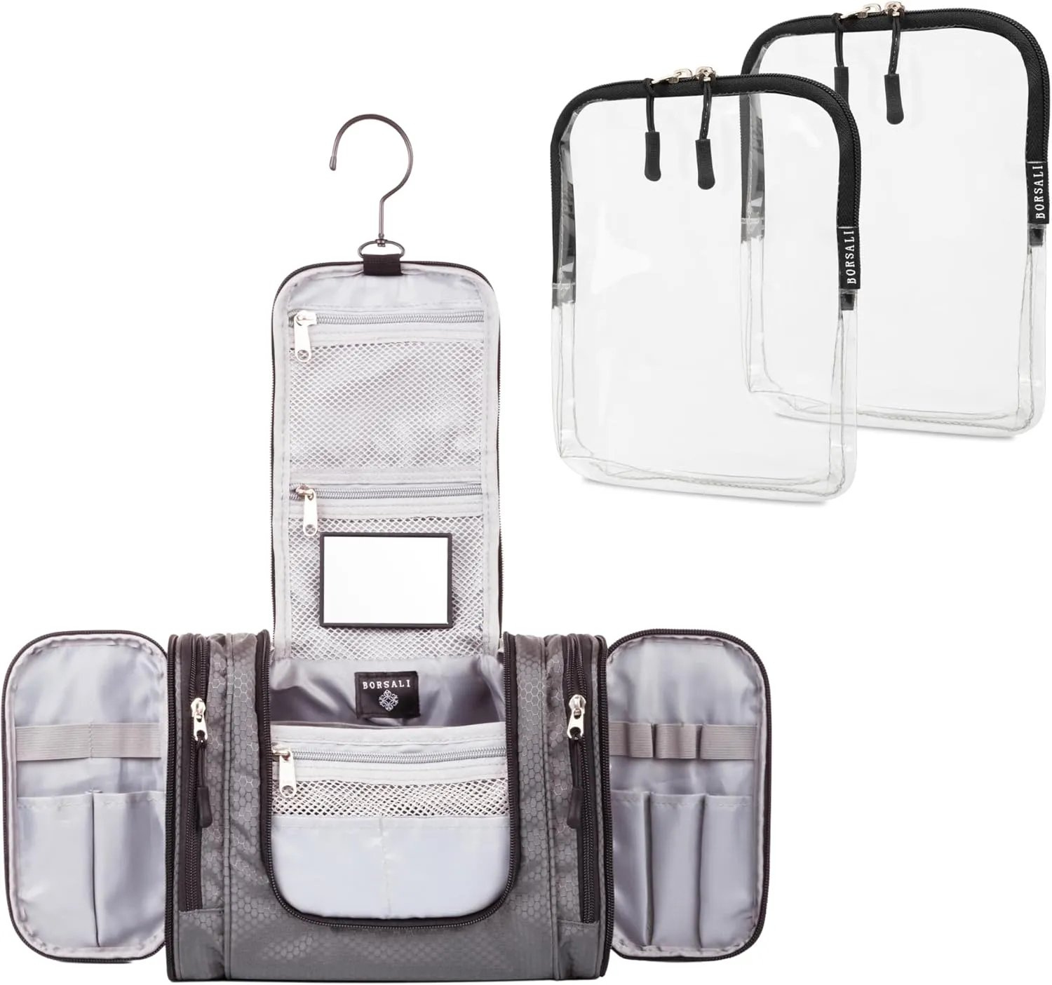 BORSALI Hanging Toiletry Bag with 2 TSA Approved Clear Cosmetic 3-1-1 Liquid Bags