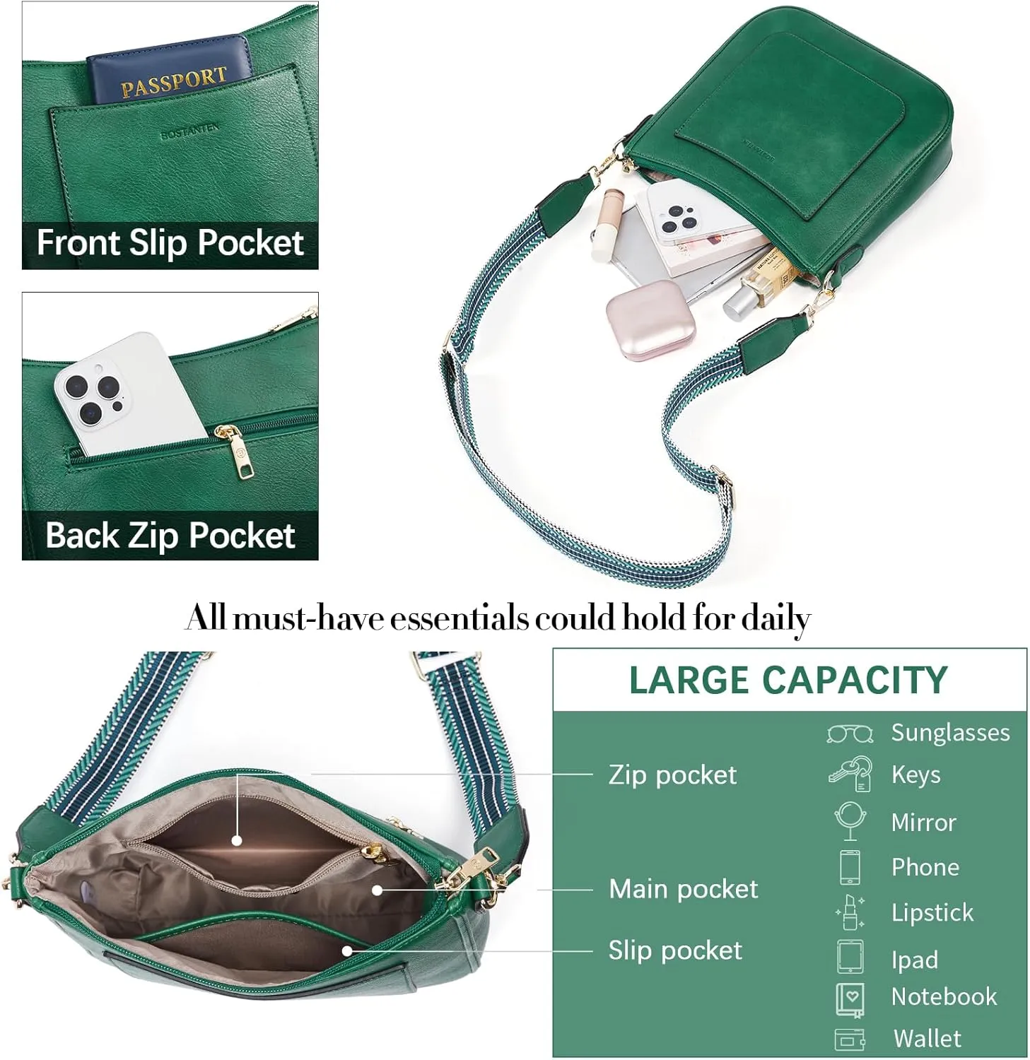 BOSTANTEN Crossbody Bags for Women Trendy Vegan Leather Hobo Handbags Fashion Shoulder Purse with Adjustable Guitar Strap