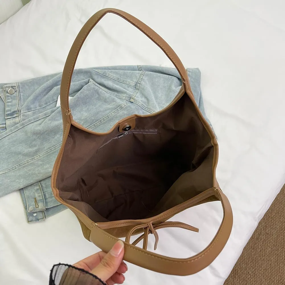 Bow Suede Tote Bag for Women - Brown Burgundy Work Hobo Handbags with Bow