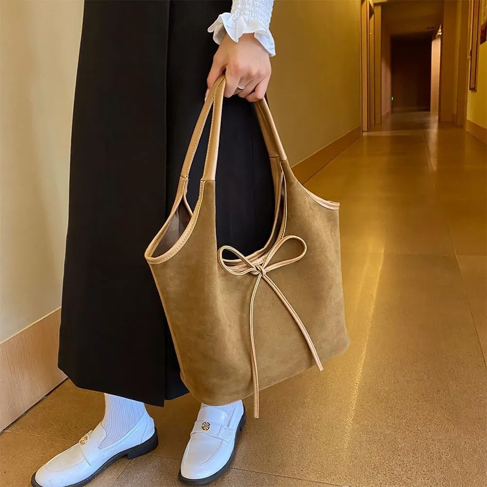 Bow Suede Tote Bag for Women - Brown Burgundy Work Hobo Handbags with Bow