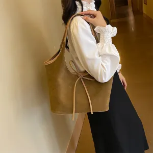 Bow Suede Tote Bag for Women - Brown Burgundy Work Hobo Handbags with Bow