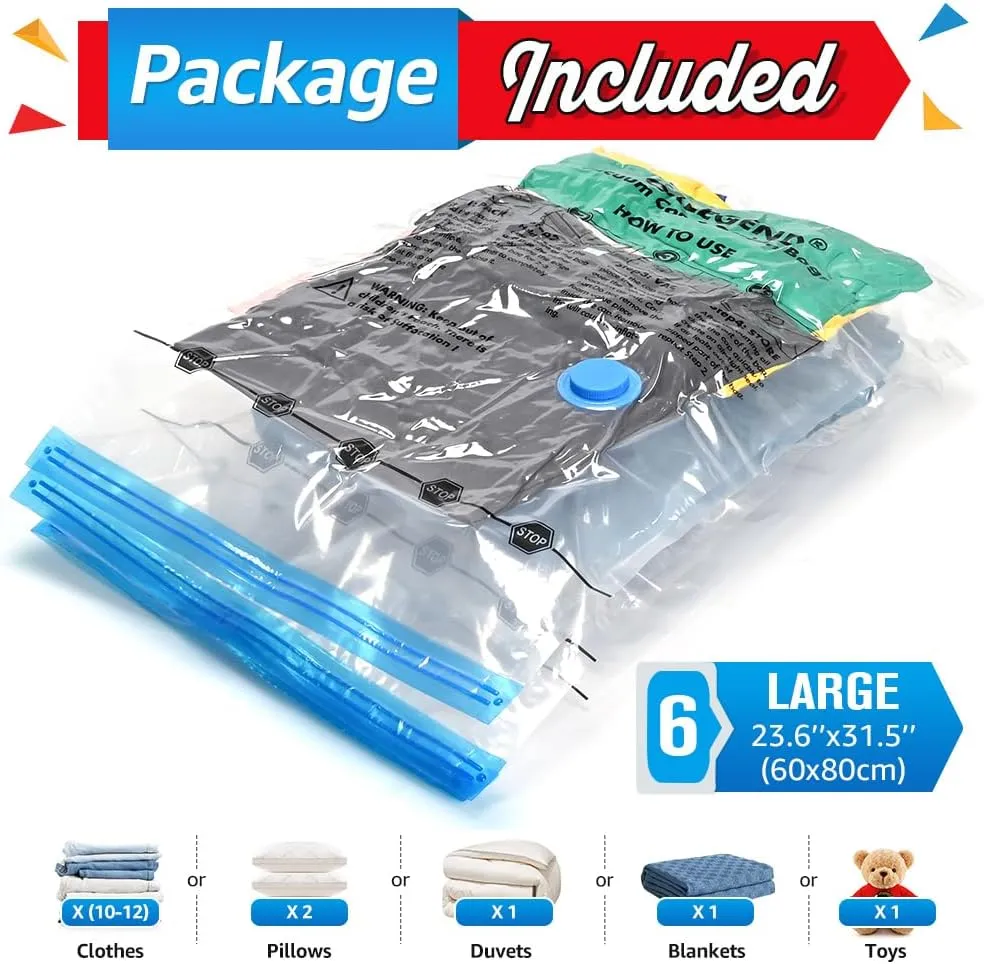BoxLegend Vacuum Storage Bags 6 Large Vacuum Pack Bags Space Saving Double Zipper Seal & Leak Valve Reusable for Clothes Pillow Comforters Bedding, 23.6’’x31.5’’ 1 Pump