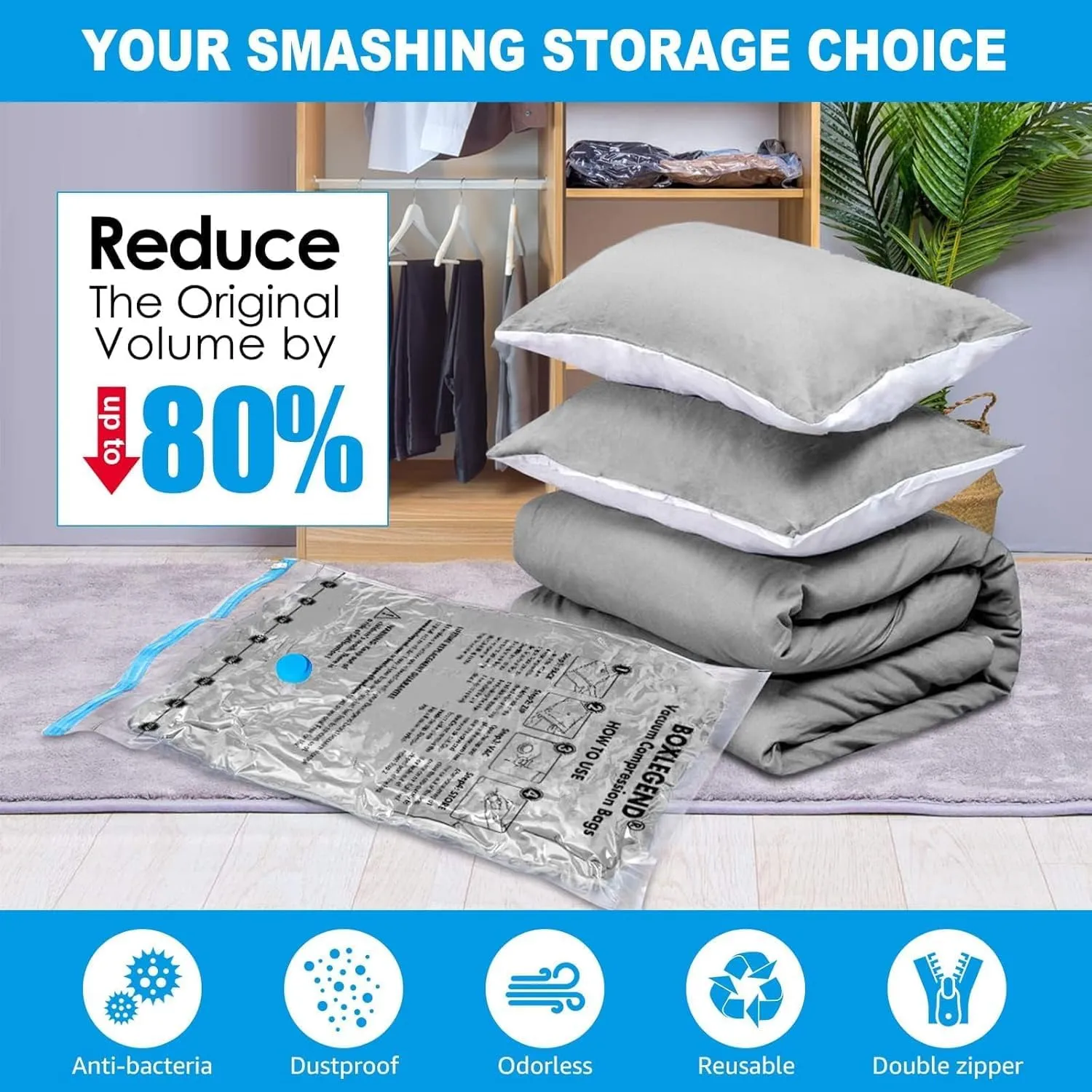BoxLegend Vacuum Storage Bags 6 Large Vacuum Pack Bags Space Saving Double Zipper Seal & Leak Valve Reusable for Clothes Pillow Comforters Bedding, 23.6’’x31.5’’ 1 Pump