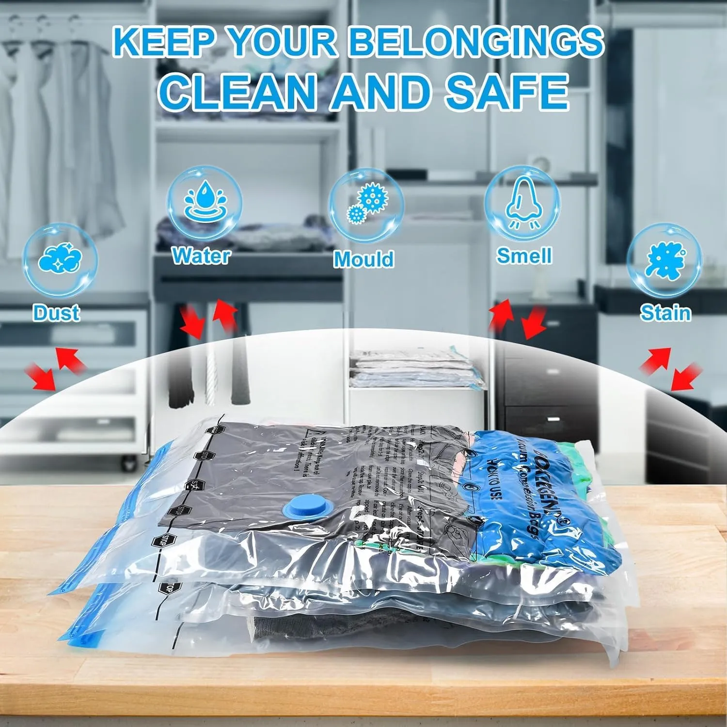 BoxLegend Vacuum Storage Bags 6 Large Vacuum Pack Bags Space Saving Double Zipper Seal & Leak Valve Reusable for Clothes Pillow Comforters Bedding, 23.6’’x31.5’’ 1 Pump