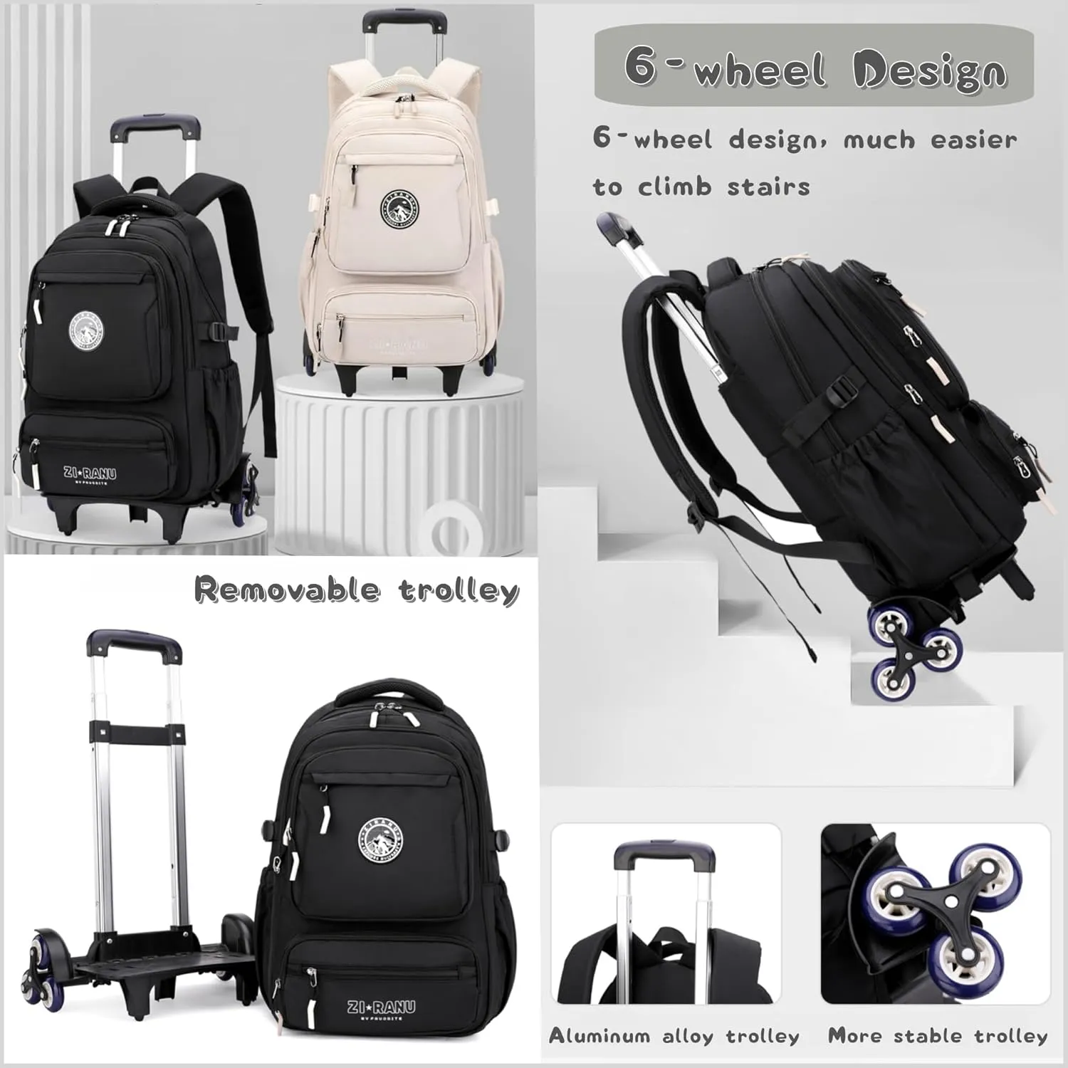 Boys Rolling Backpack for School Kids, Boys Backpack with 6 Wheels, Carry-On Wheeled School Bags Bookbags, Khaki