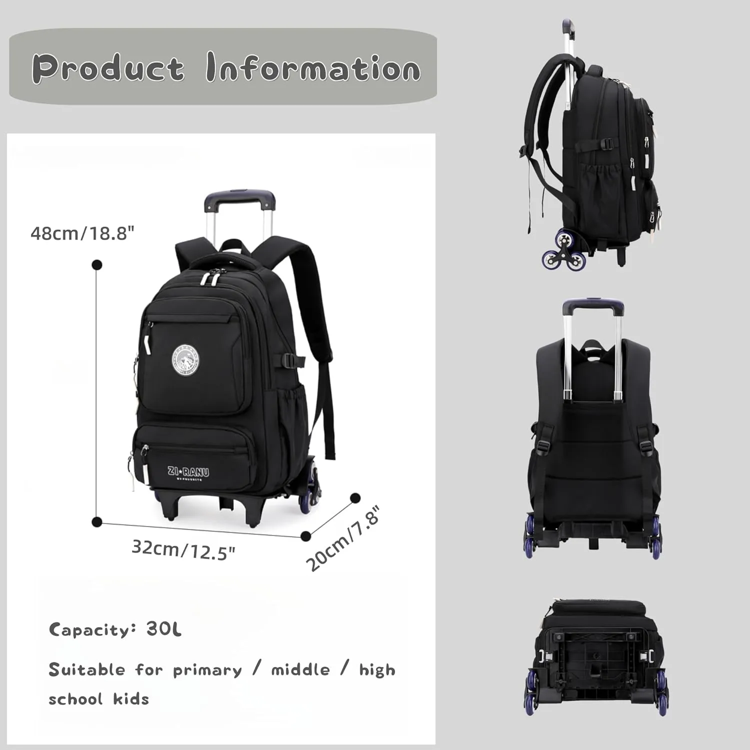 Boys Rolling Backpack for School Kids, Boys Backpack with 6 Wheels, Carry-On Wheeled School Bags Bookbags, Khaki