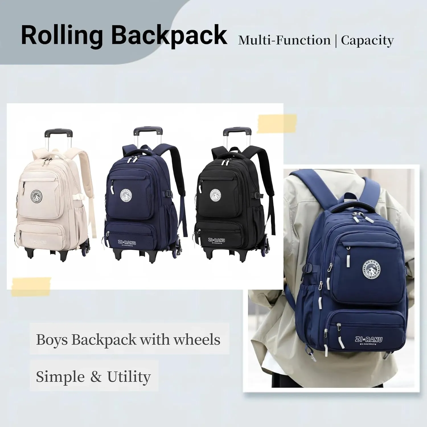 Boys Rolling Backpack for School Kids, Boys Backpack with 6 Wheels, Carry-On Wheeled School Bags Bookbags, Khaki