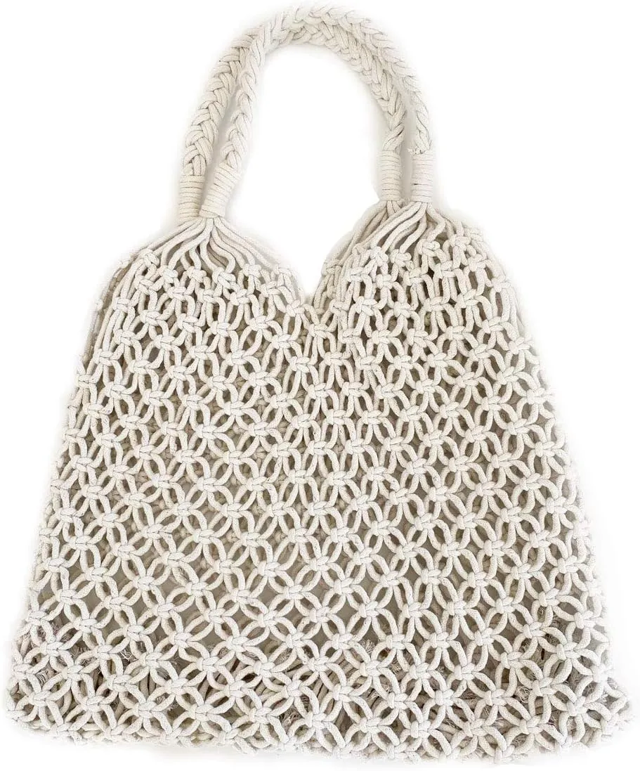 Braided Beach Bag Boho Tote Macrame Handbag (White)