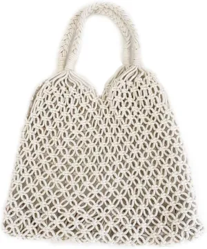 Braided Beach Bag Boho Tote Macrame Handbag (White)