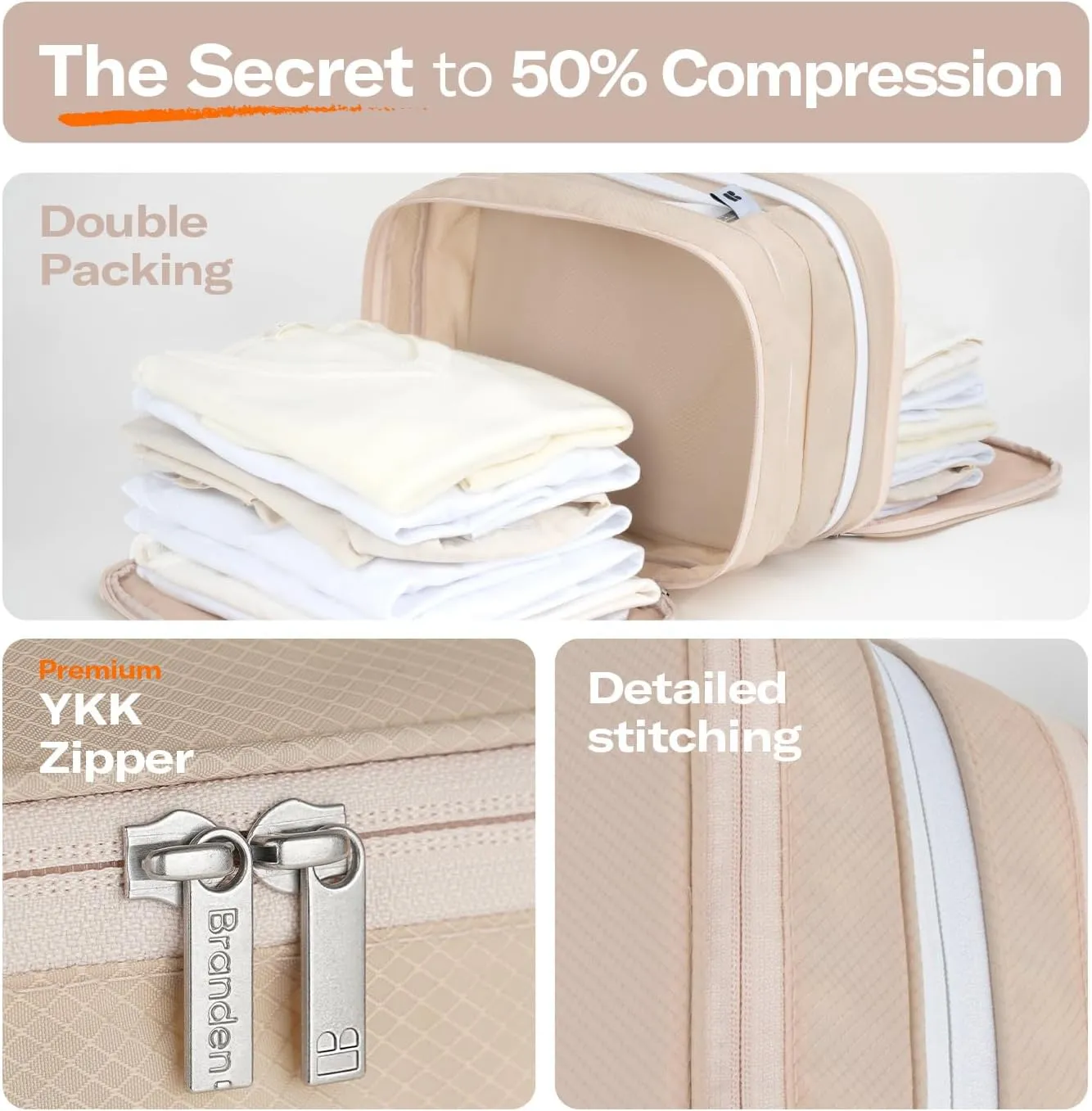 Branden Compression Packing Cube, Large, Sandbeige | Travel Essentials l Luggage Organizer l Self Compression Organizer for Travel l Overnight Trip, Road Trip, Beach, Cruise