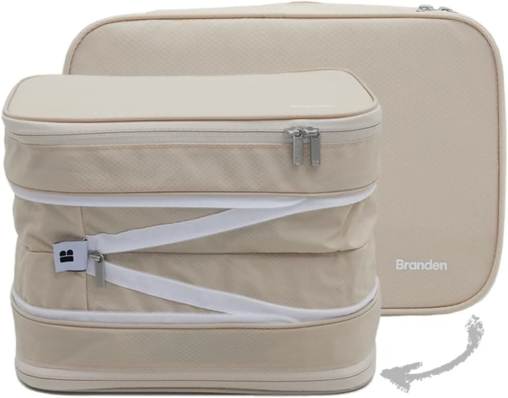 Branden Compression Packing Cube, Large, Sandbeige | Travel Essentials l Luggage Organizer l Self Compression Organizer for Travel l Overnight Trip, Road Trip, Beach, Cruise