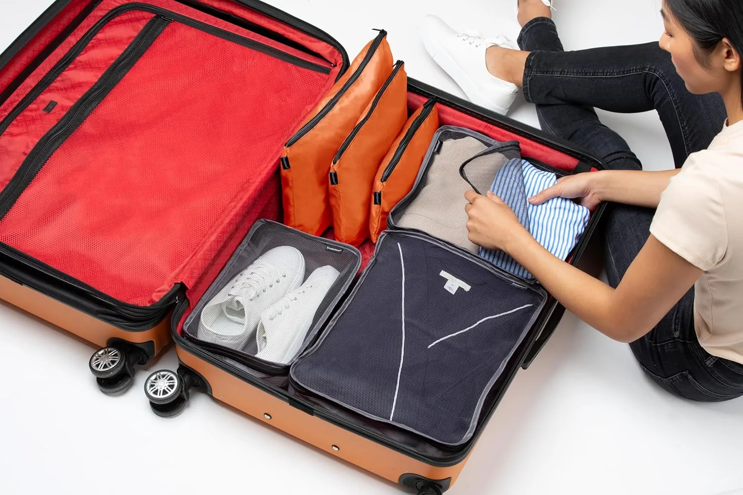 Brookstone Packing Cubes - 6 Piece Compression Packing Cubes for Travel - Tear Resistant Travel Essentials Bag Organizer Set, Orange