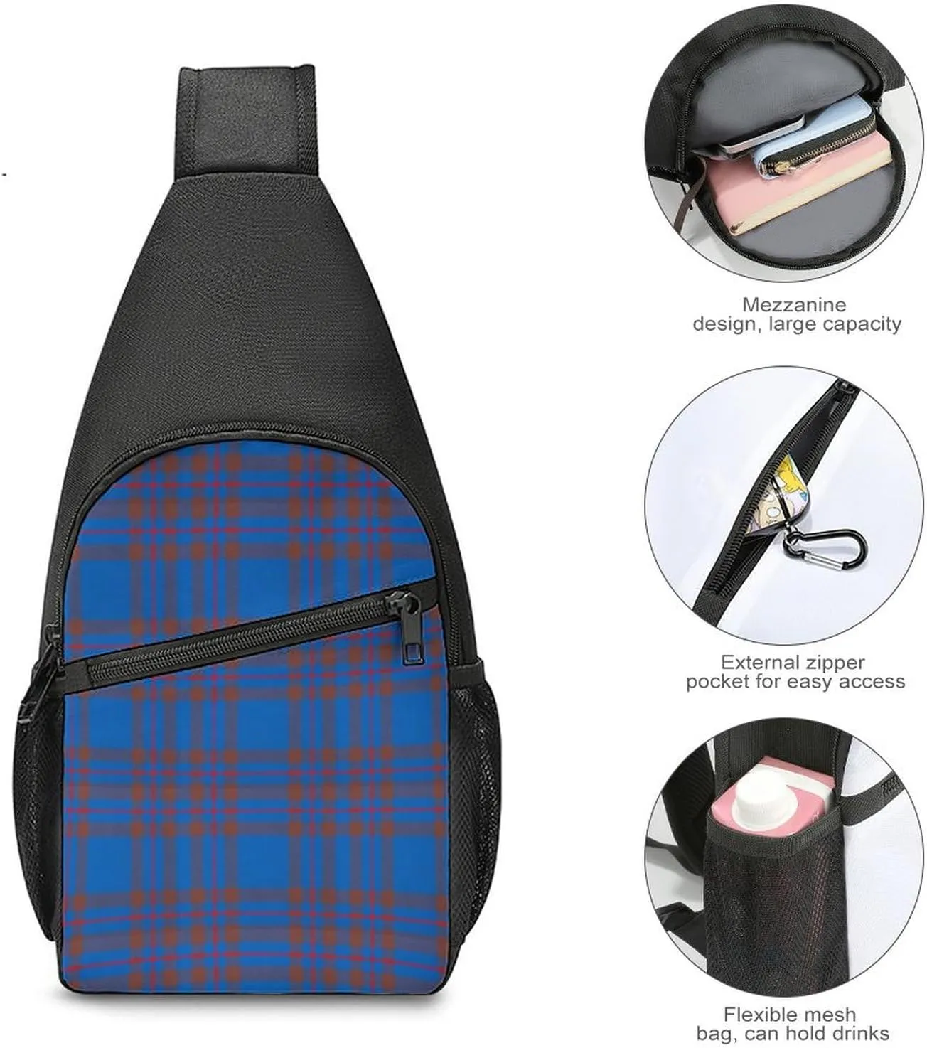 Brown Blue Tartan Plaid Portable Chest Bag, Large Capacity Single Shoulder Chest Bag