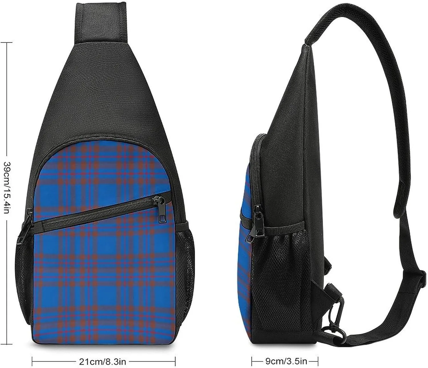 Brown Blue Tartan Plaid Portable Chest Bag, Large Capacity Single Shoulder Chest Bag