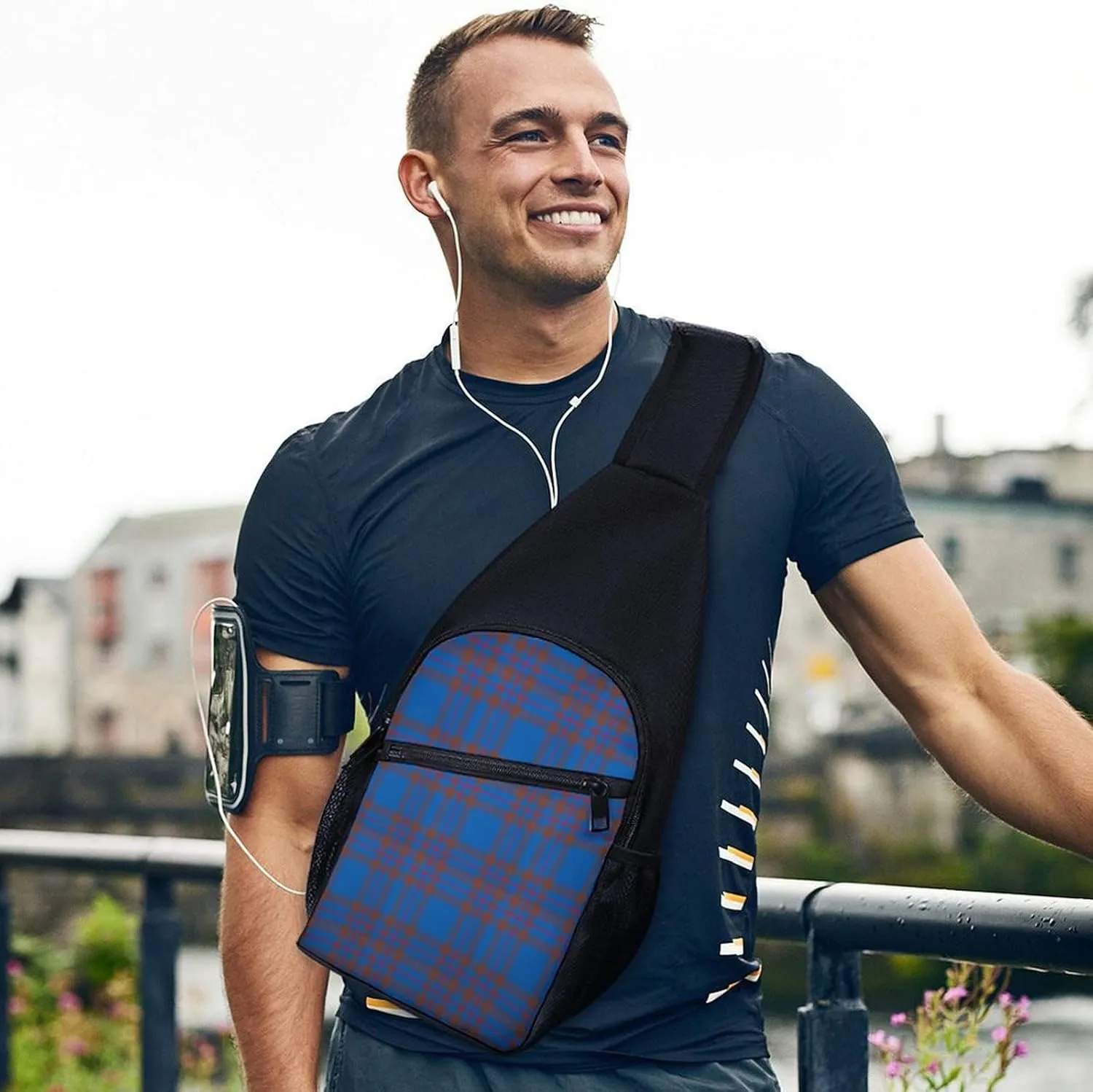 Brown Blue Tartan Plaid Portable Chest Bag, Large Capacity Single Shoulder Chest Bag