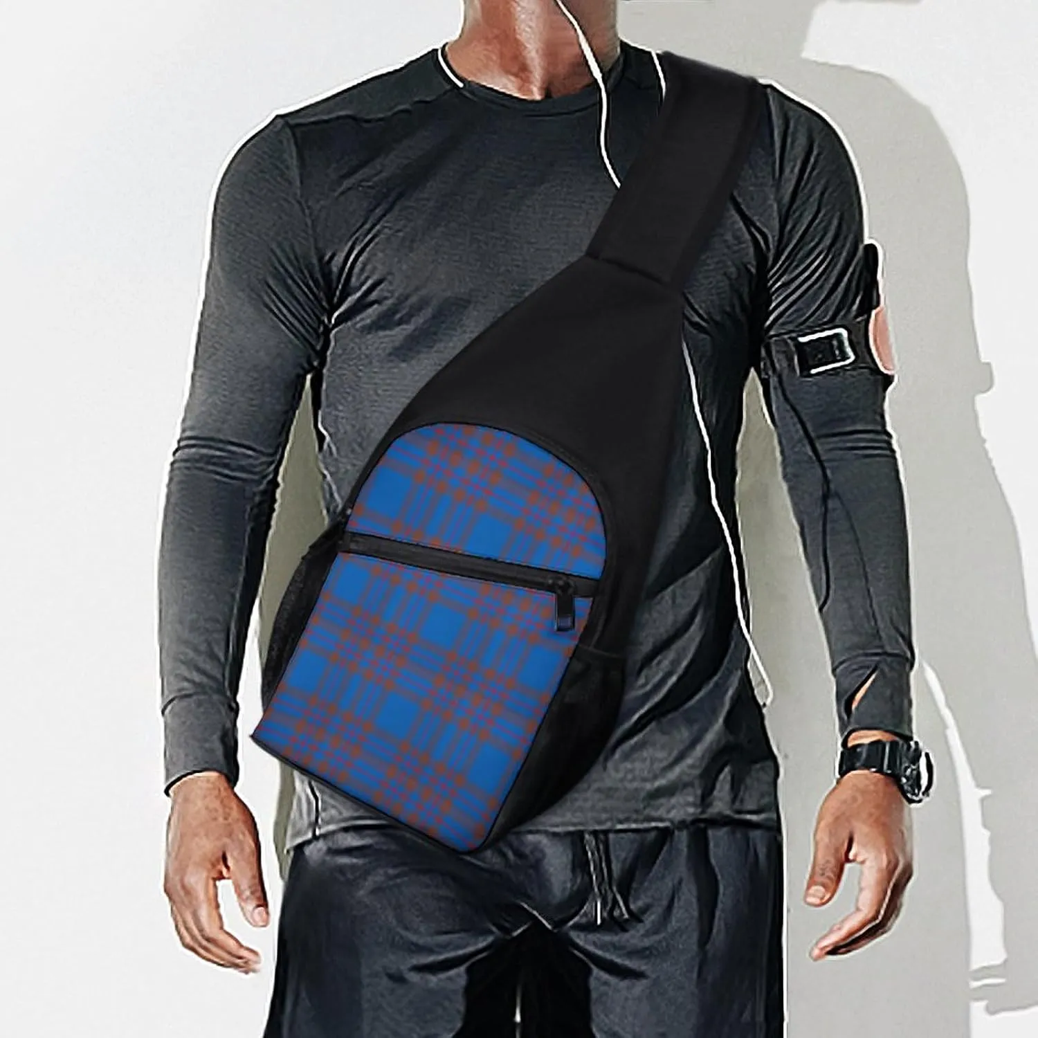 Brown Blue Tartan Plaid Portable Chest Bag, Large Capacity Single Shoulder Chest Bag