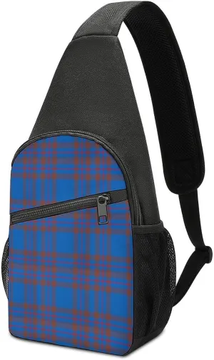 Brown Blue Tartan Plaid Portable Chest Bag, Large Capacity Single Shoulder Chest Bag