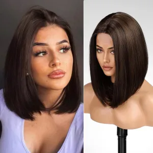 Brown Highlight Short Bob Wigs,Brown Straight Shoulder Length Wigs for Women,Middle Part Heat Resistant Fibre Synthetic Wig Daily Use…