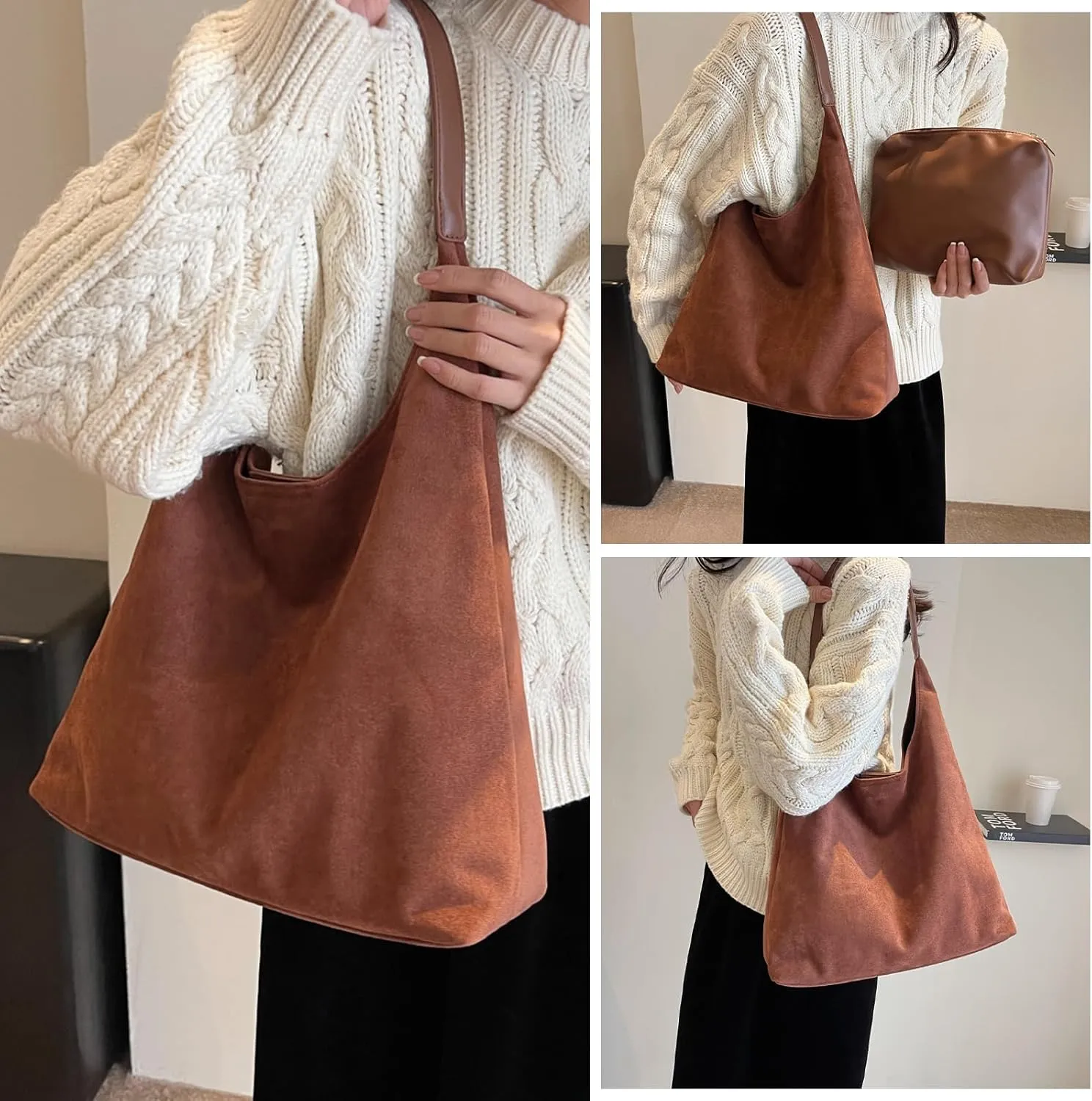 Brown Suede Bags for Women 2025 Suede Tote Bag Retro Suede Slouchy Bag Brown Suede Women's Shoulder Bag
