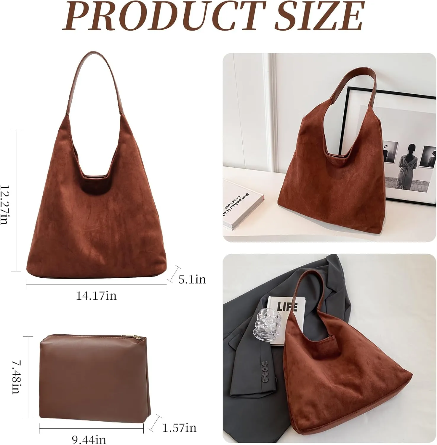 Brown Suede Bags for Women 2025 Suede Tote Bag Retro Suede Slouchy Bag Brown Suede Women's Shoulder Bag