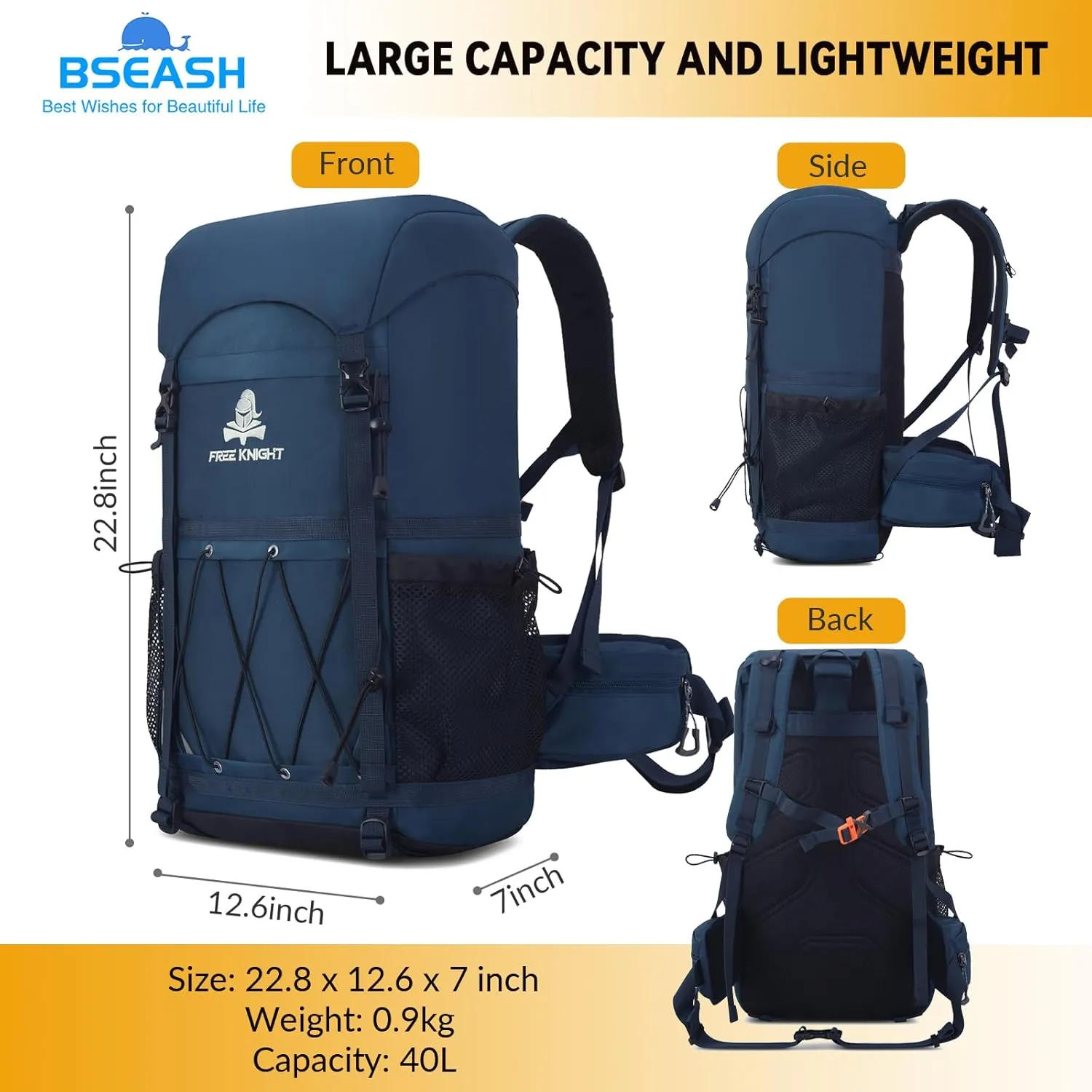 Bseash 40L Waterproof Hiking Backpack with Rain Cover, Outdoor Sport Travel Bag Daypack for Camping Climbing Skiing Cycling (Navy Blue)
