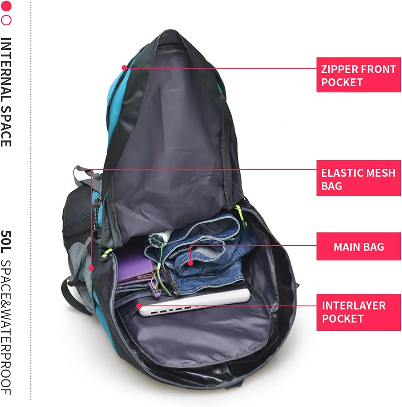 Bseash 50L Hiking Backpack, Water Resistant Lightweight Outdoor Sport Daypack Travel Bag for Camping Climbing Skiing Cycling (Lake Green - No Shoe Compartment)