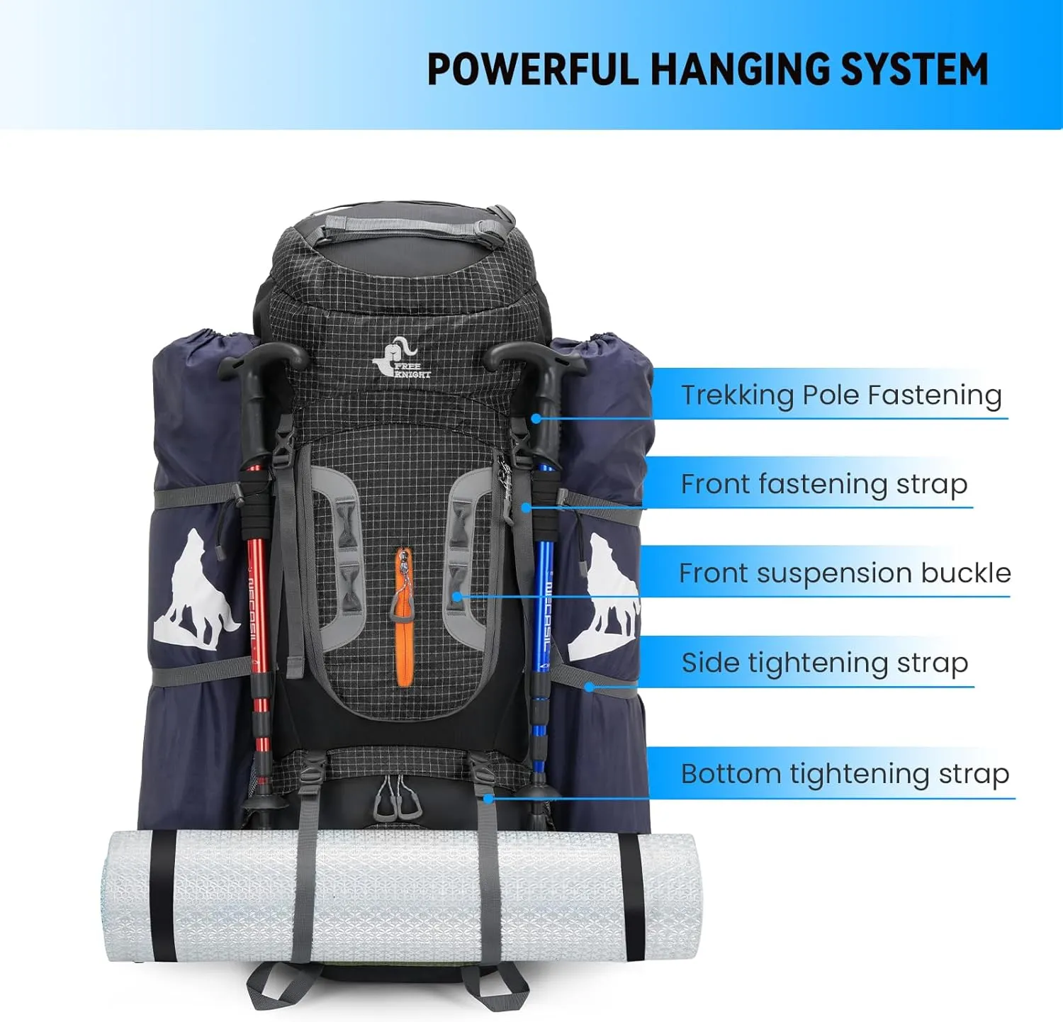 Bseash 80L Waterproof Hiking Camping Backpack with Rain Cover, Lightweight Outdoor Sport Travel Daypack for Climbing Touring (Navy Blue)