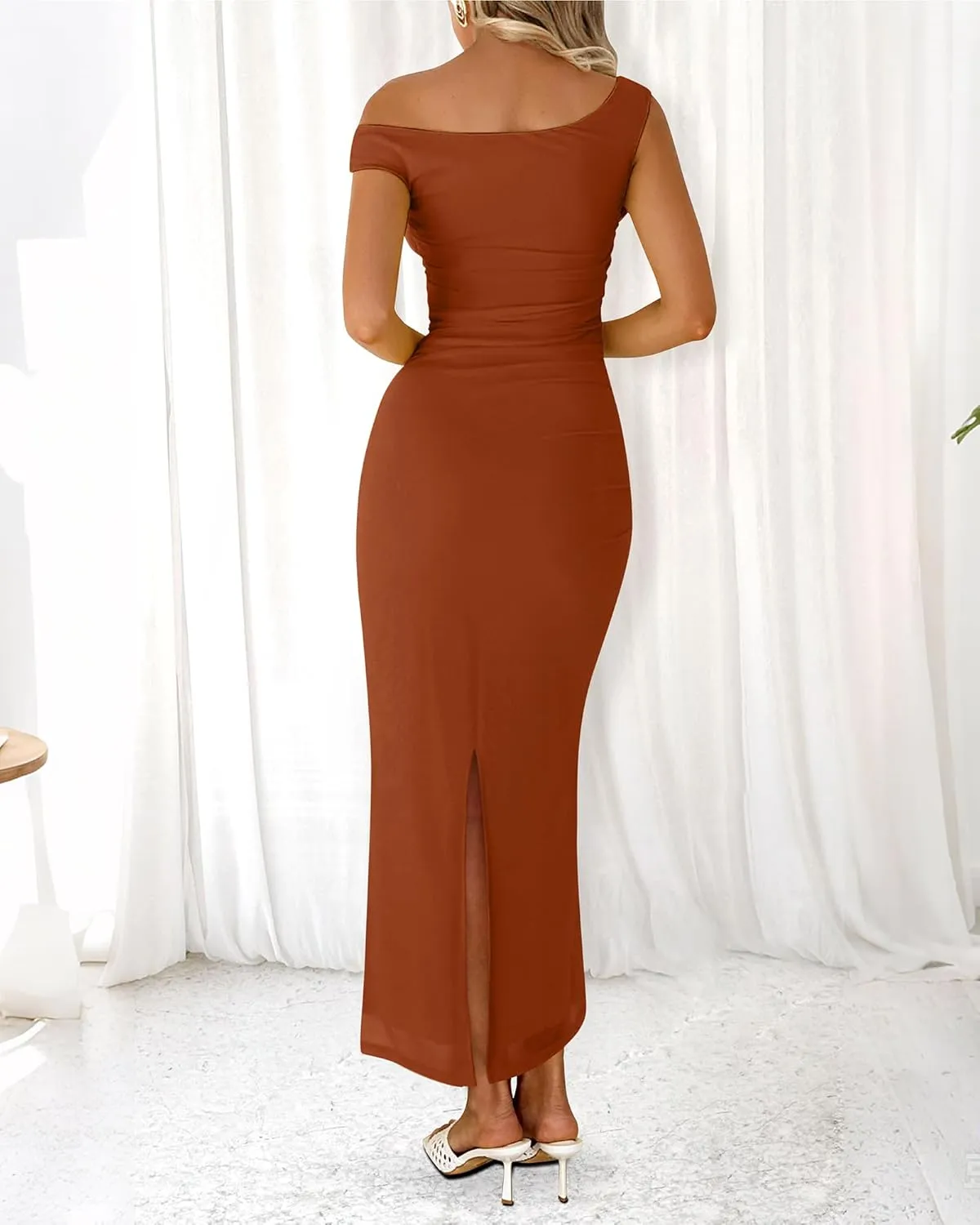 BTFBM Women 2025 Summer One Shoulder Bodycon Ruched Maxi Dresses Slit Mesh Long Formal Cocktail Wedding Guest Dress