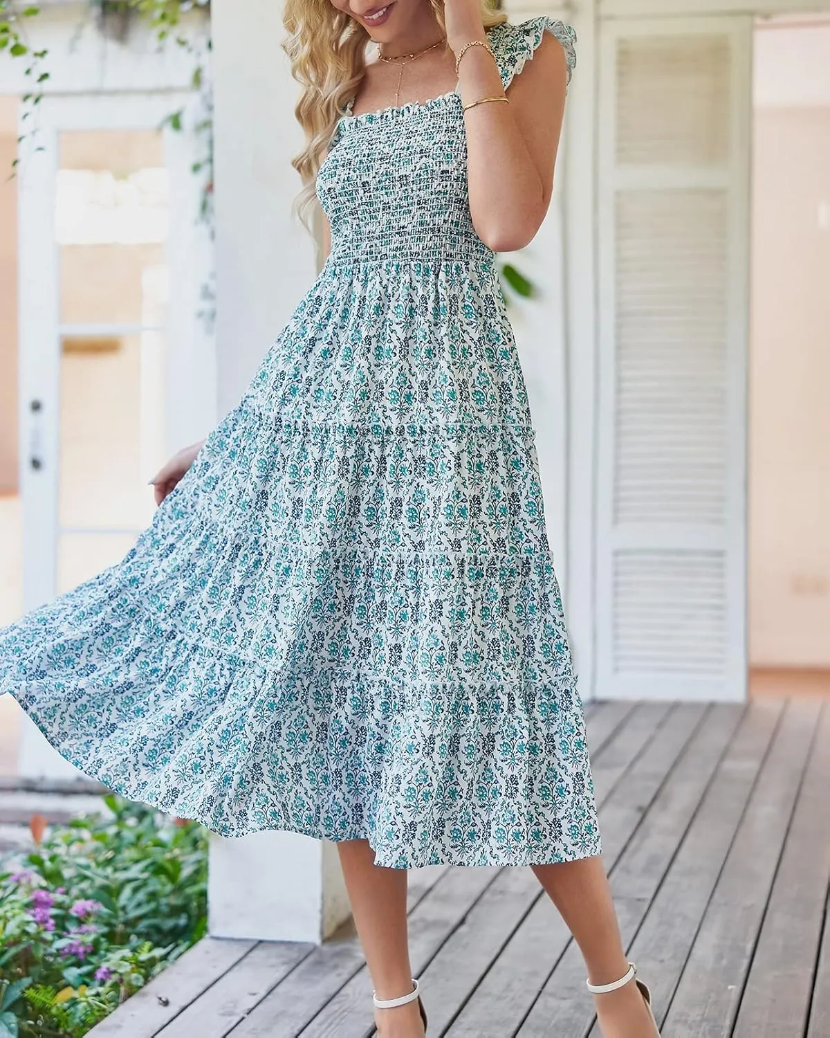 BTFBM Womens Summer Boho Smocked Beach Dresses Sleeveless Shoulder Strap Floral Flowy Tiered Party Midi Casual Sundress