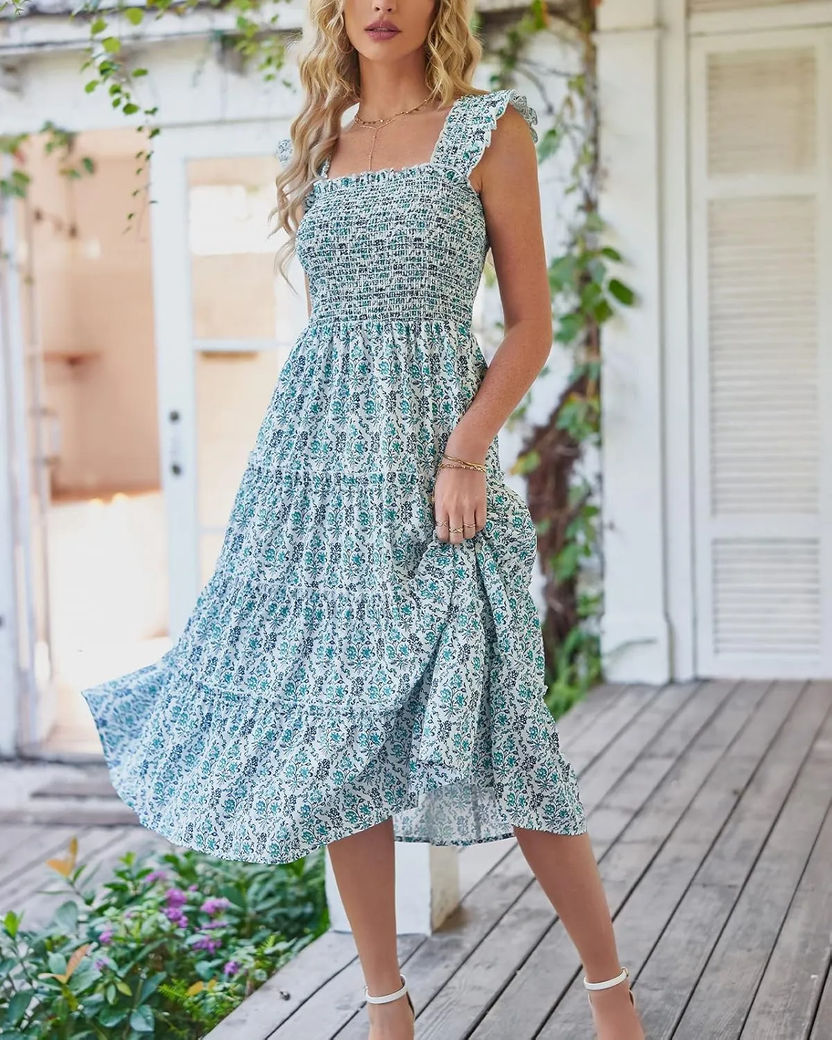BTFBM Womens Summer Boho Smocked Beach Dresses Sleeveless Shoulder Strap Floral Flowy Tiered Party Midi Casual Sundress