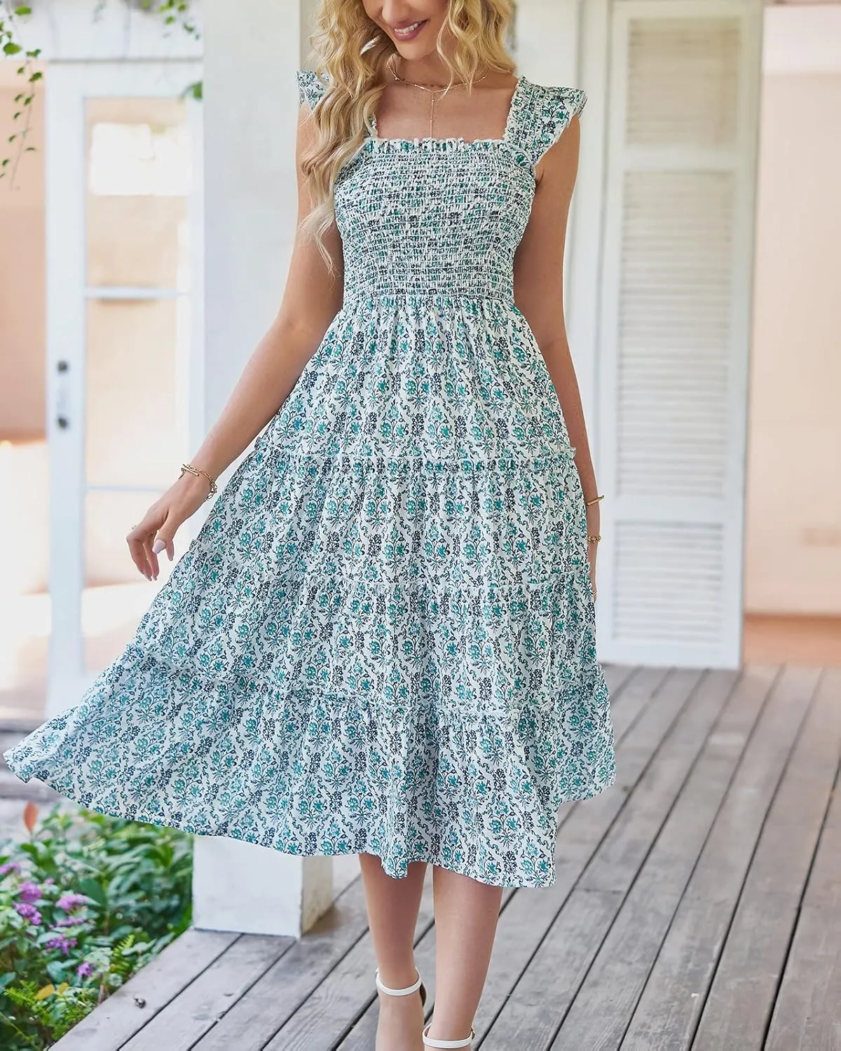 BTFBM Womens Summer Boho Smocked Beach Dresses Sleeveless Shoulder Strap Floral Flowy Tiered Party Midi Casual Sundress