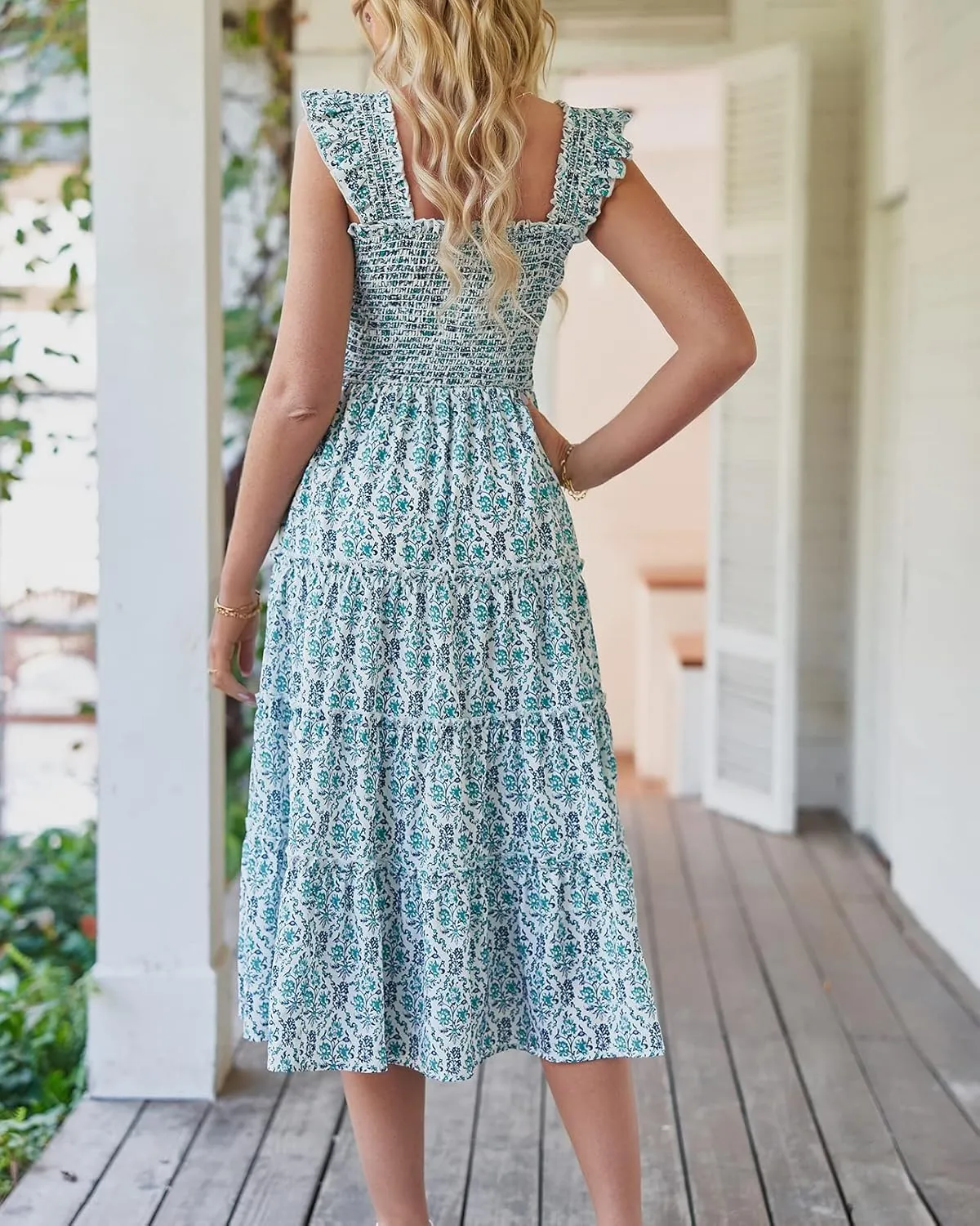 BTFBM Womens Summer Boho Smocked Beach Dresses Sleeveless Shoulder Strap Floral Flowy Tiered Party Midi Casual Sundress