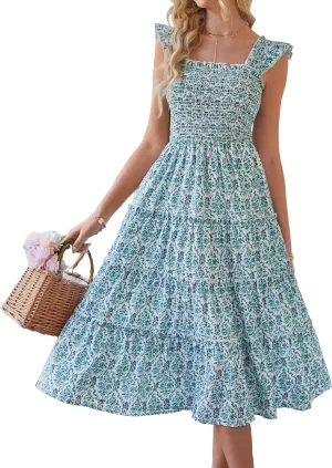 BTFBM Womens Summer Boho Smocked Beach Dresses Sleeveless Shoulder Strap Floral Flowy Tiered Party Midi Casual Sundress