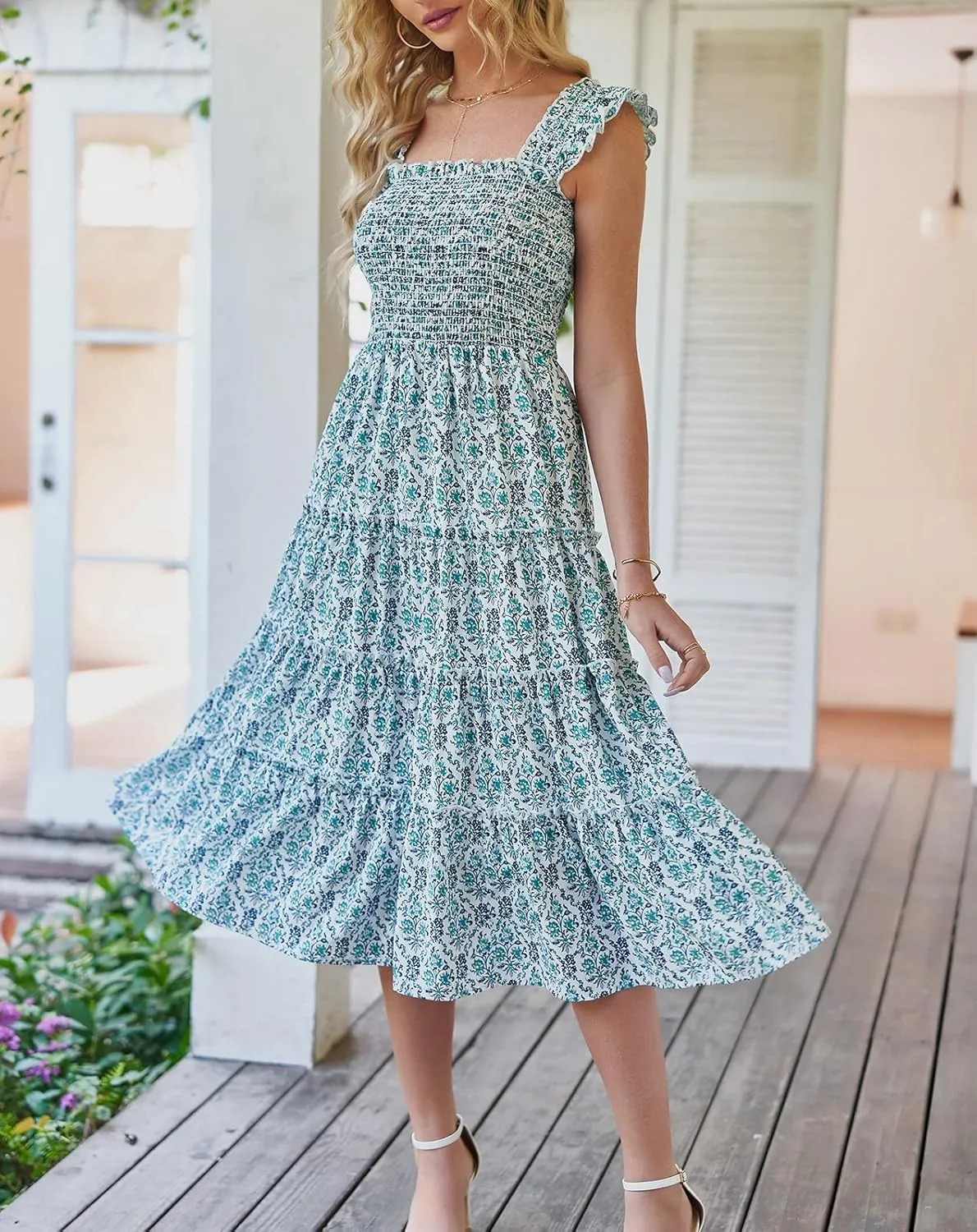 BTFBM Womens Summer Boho Smocked Beach Dresses Sleeveless Shoulder Strap Floral Flowy Tiered Party Midi Casual Sundress