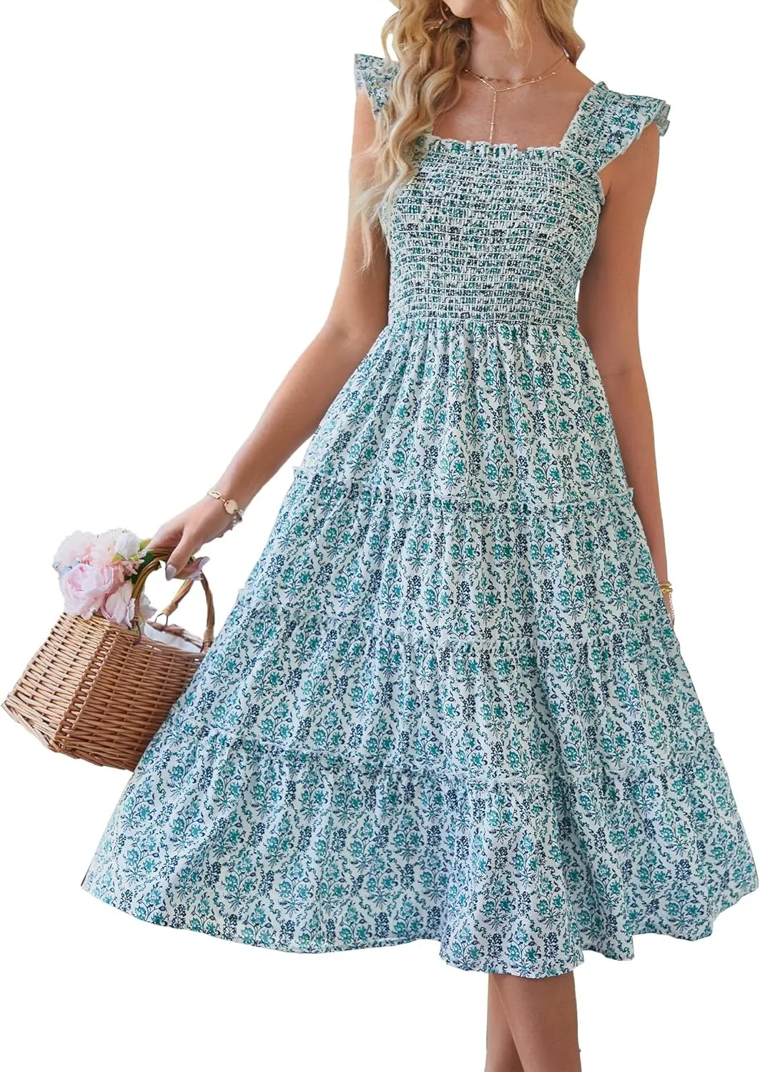 BTFBM Womens Summer Boho Smocked Beach Dresses Sleeveless Shoulder Strap Floral Flowy Tiered Party Midi Casual Sundress