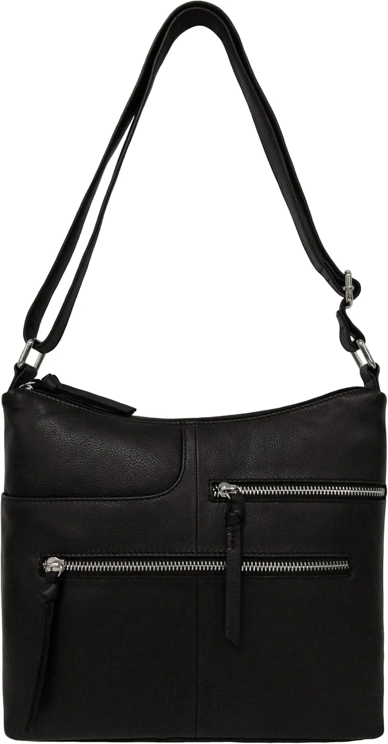 Bueno of California Antique Calf Leather Double Top Zip Shoulder, Black
