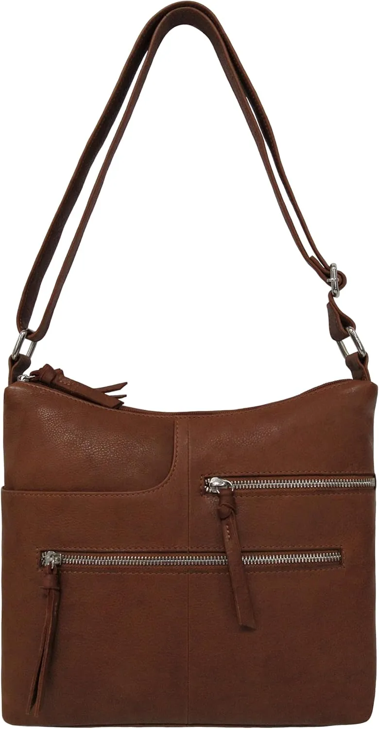Bueno of California Antique Calf Leather Double Top Zip Shoulder, Tan
