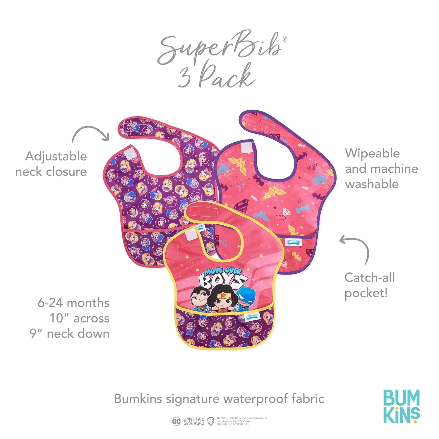 Bumkins Bibs for Girl or Boy, SuperBib Baby and Toddler 6-24 Months, Essential Must Have for Eating, Feeding, Baby Led Weaning Supplies, Mess Saving Catch Food, Fabric, 3-pk DC Comics Move Over Boys