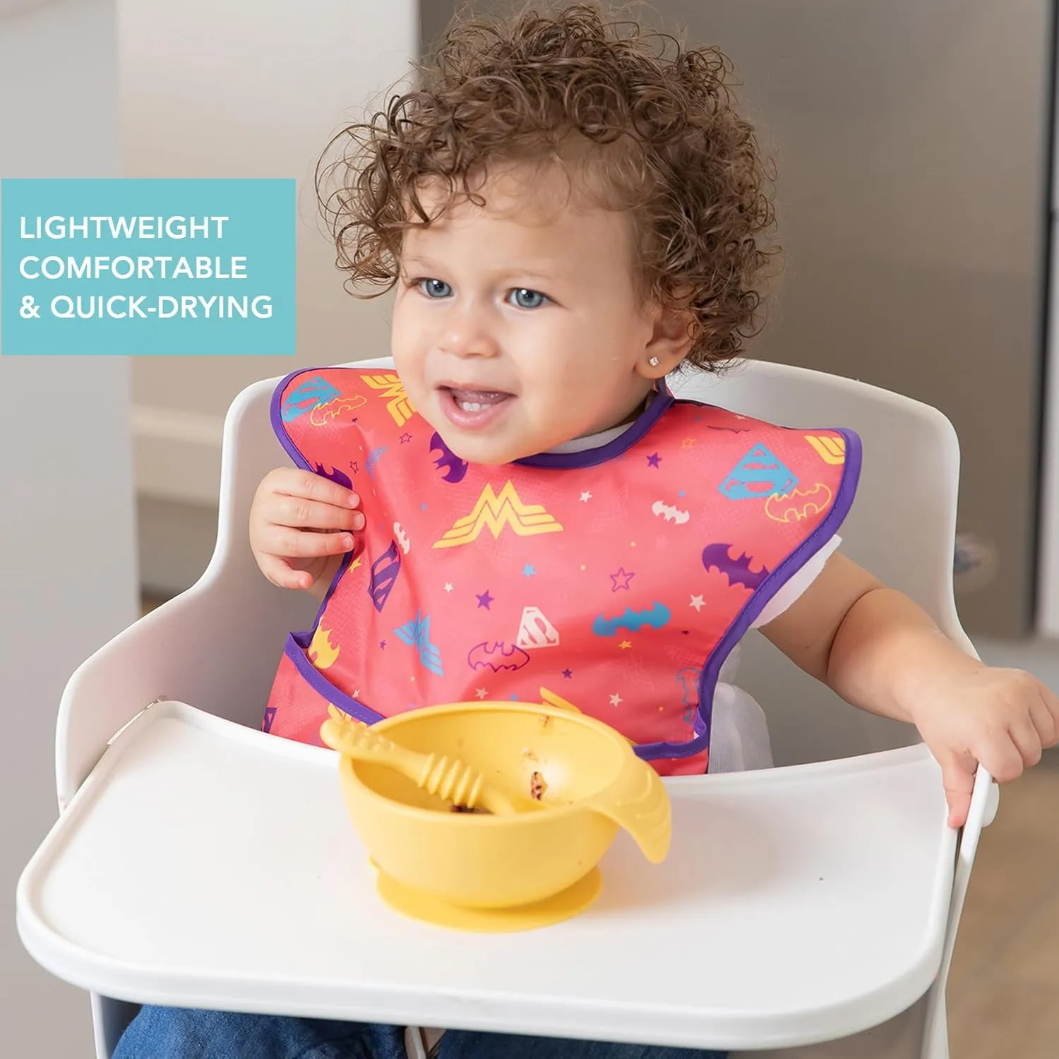 Bumkins Bibs for Girl or Boy, SuperBib Baby and Toddler 6-24 Months, Essential Must Have for Eating, Feeding, Baby Led Weaning Supplies, Mess Saving Catch Food, Fabric, 3-pk DC Comics Move Over Boys