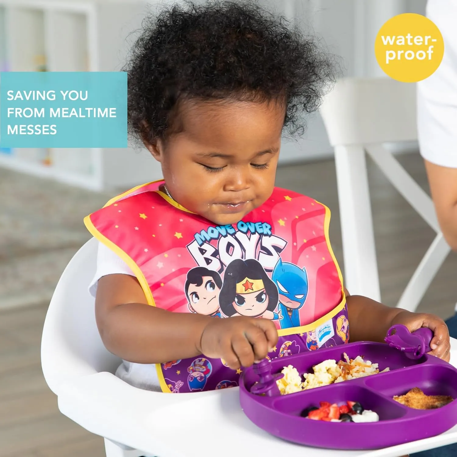 Bumkins Bibs for Girl or Boy, SuperBib Baby and Toddler 6-24 Months, Essential Must Have for Eating, Feeding, Baby Led Weaning Supplies, Mess Saving Catch Food, Fabric, 3-pk DC Comics Move Over Boys