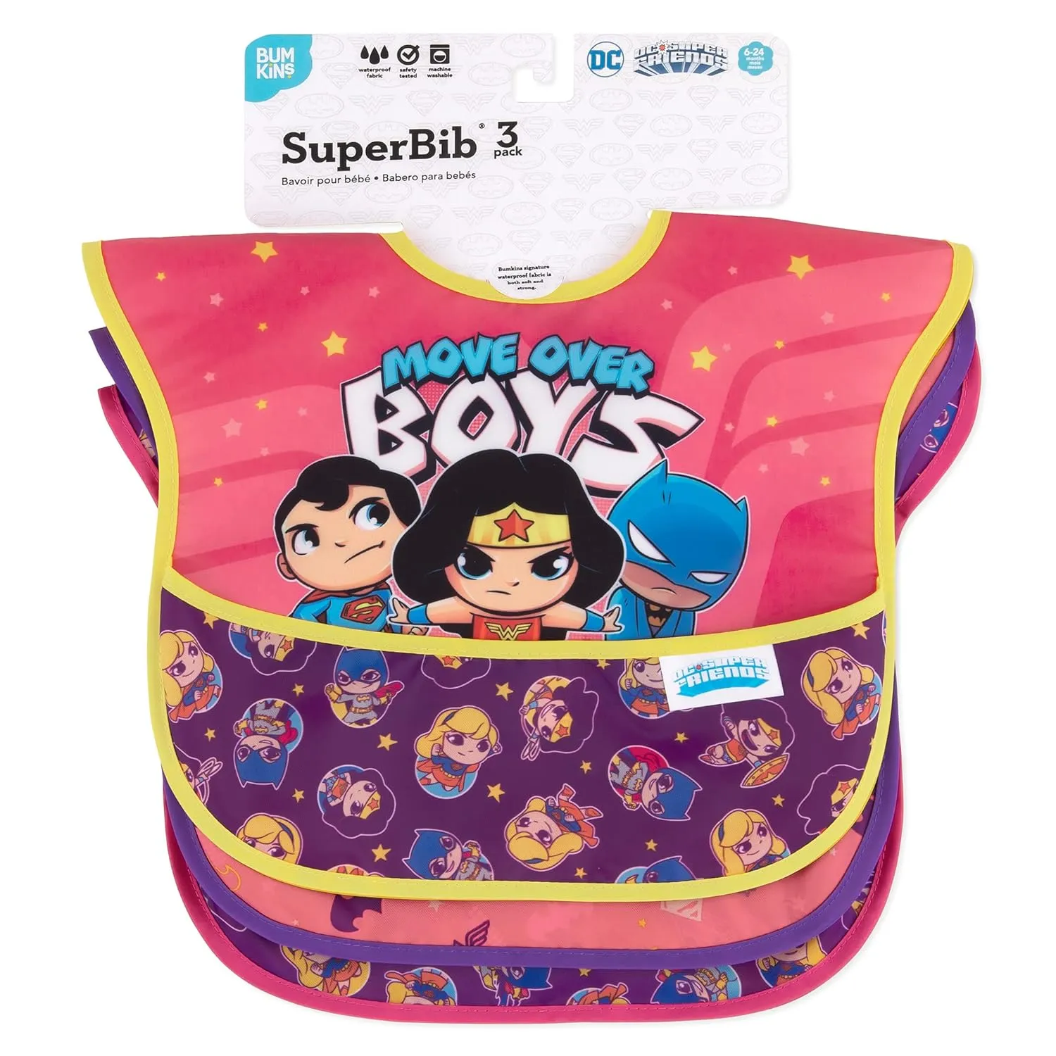 Bumkins Bibs for Girl or Boy, SuperBib Baby and Toddler 6-24 Months, Essential Must Have for Eating, Feeding, Baby Led Weaning Supplies, Mess Saving Catch Food, Fabric, 3-pk DC Comics Move Over Boys