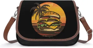 Burger Cheeseburger Vintage Art Food Hamburger Crossbody Bags for Women PU Leather Tote Bag Purse Shoulder Bag for Travel Office
