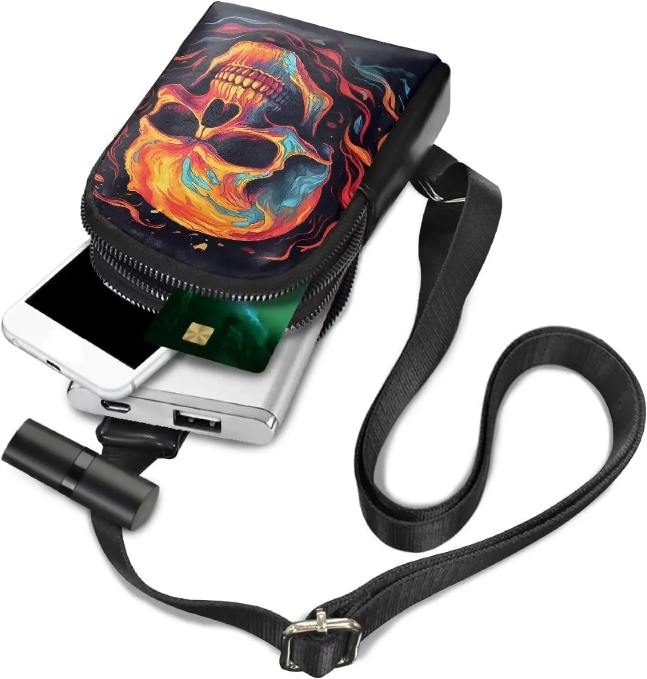 Burning Fire Skull Small Crossbody Sling Backpack for Women, Oil Painting Skull Print PU Leather Fanny Pack Purse Backpack Over Shoulder Bag Travel Anti Theft