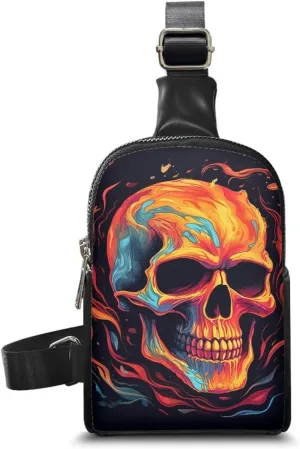 Burning Fire Skull Small Crossbody Sling Backpack for Women, Oil Painting Skull Print PU Leather Fanny Pack Purse Backpack Over Shoulder Bag Travel Anti Theft