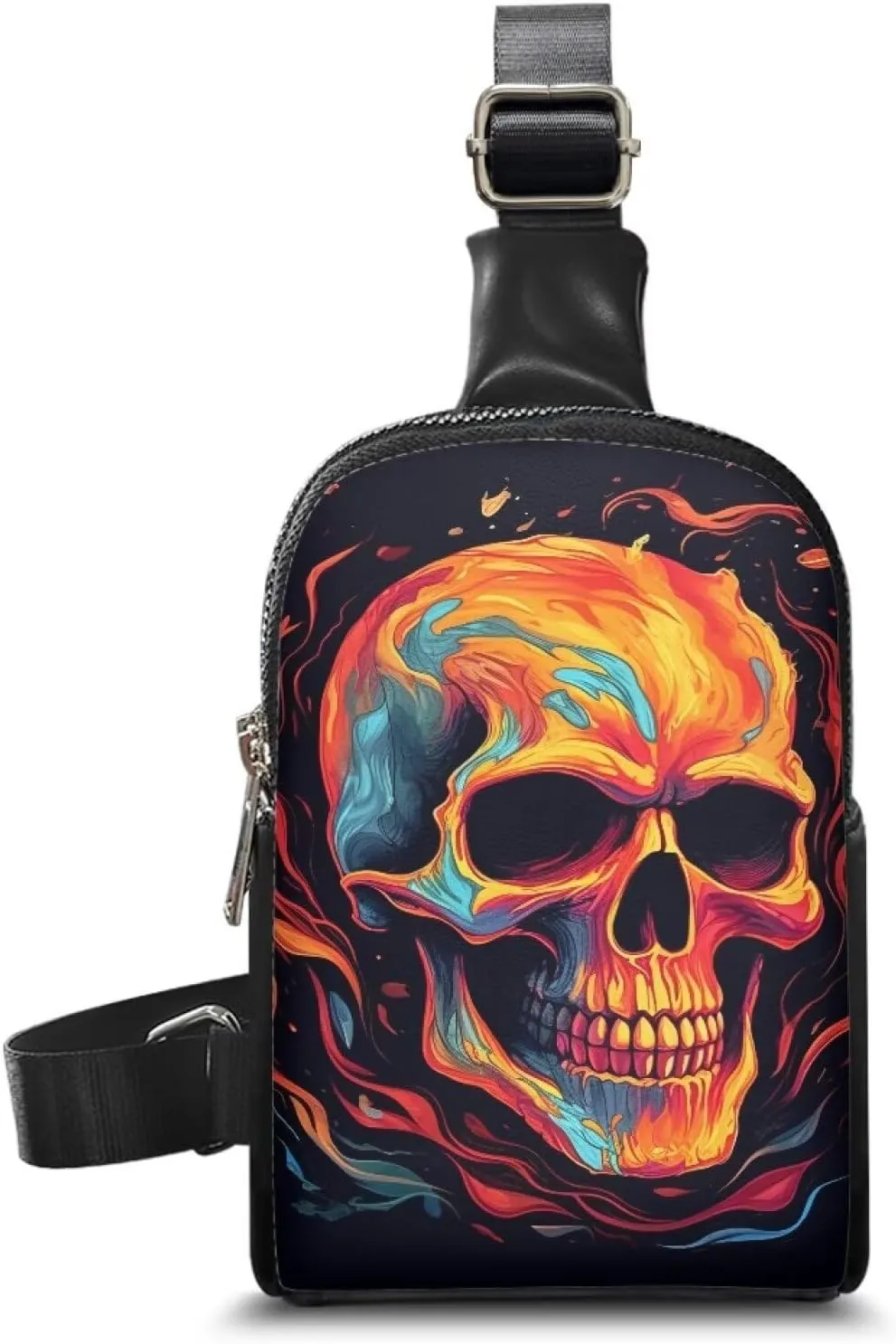 Burning Fire Skull Small Crossbody Sling Backpack for Women, Oil Painting Skull Print PU Leather Fanny Pack Purse Backpack Over Shoulder Bag Travel Anti Theft