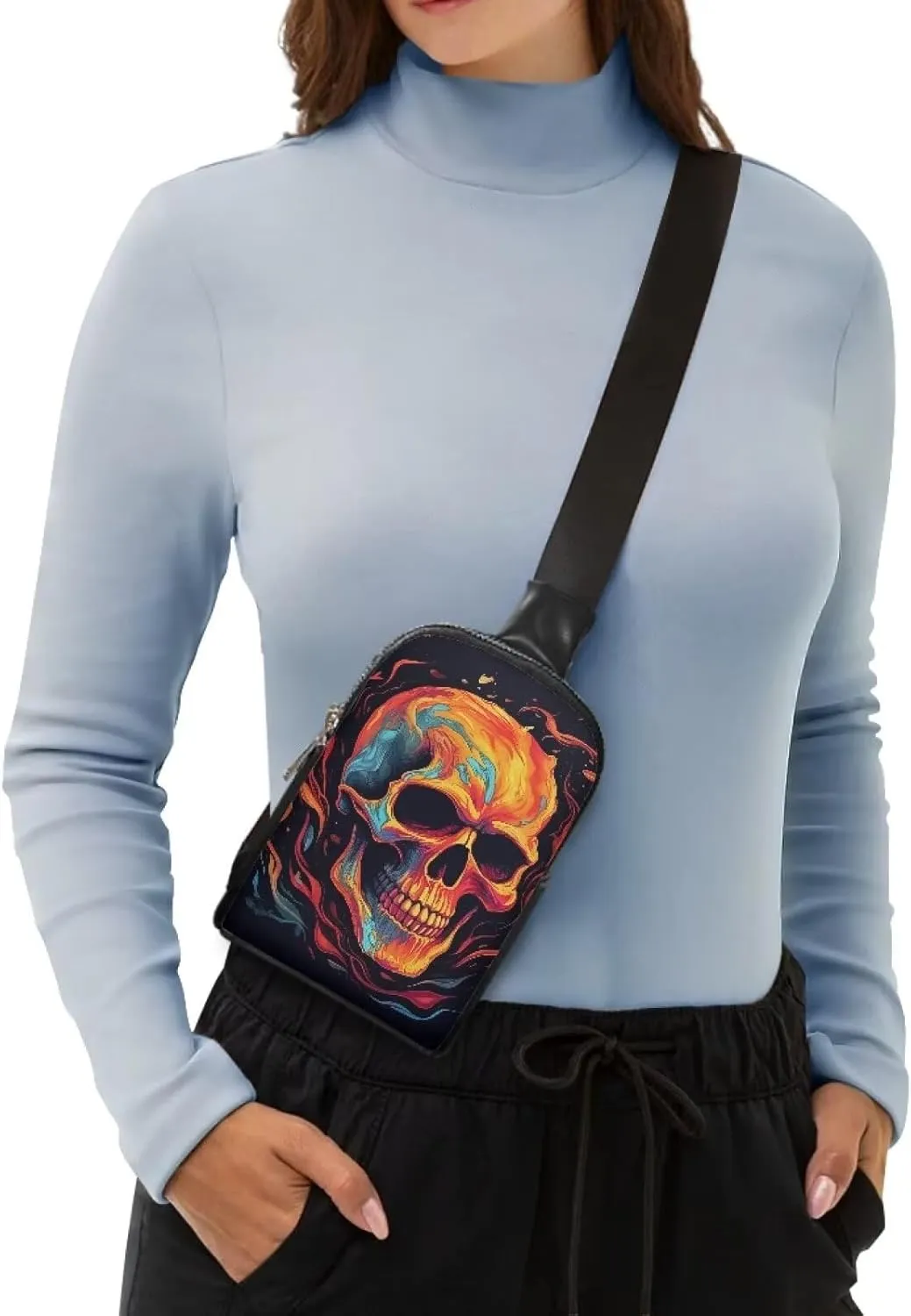 Burning Fire Skull Small Crossbody Sling Backpack for Women, Oil Painting Skull Print PU Leather Fanny Pack Purse Backpack Over Shoulder Bag Travel Anti Theft