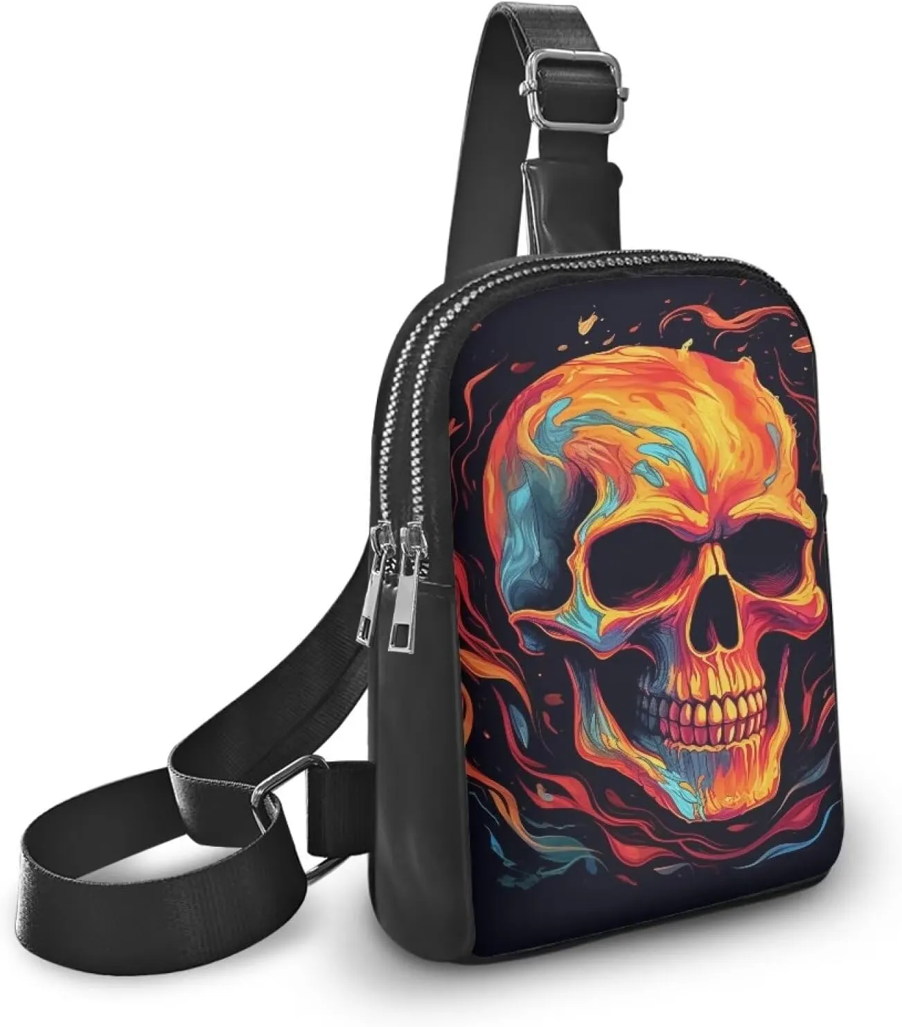 Burning Fire Skull Small Crossbody Sling Backpack for Women, Oil Painting Skull Print PU Leather Fanny Pack Purse Backpack Over Shoulder Bag Travel Anti Theft