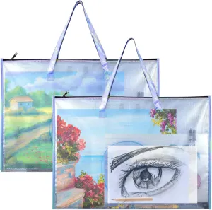 BUSOHA Art Portfolio Bag with Handle and Zipper - 2 PACK 19"X 25" Clear Waterproof Poster Storage Bag for Artworks, Drawing Pads Supplies, Charts and Teaching Material Multipurpose