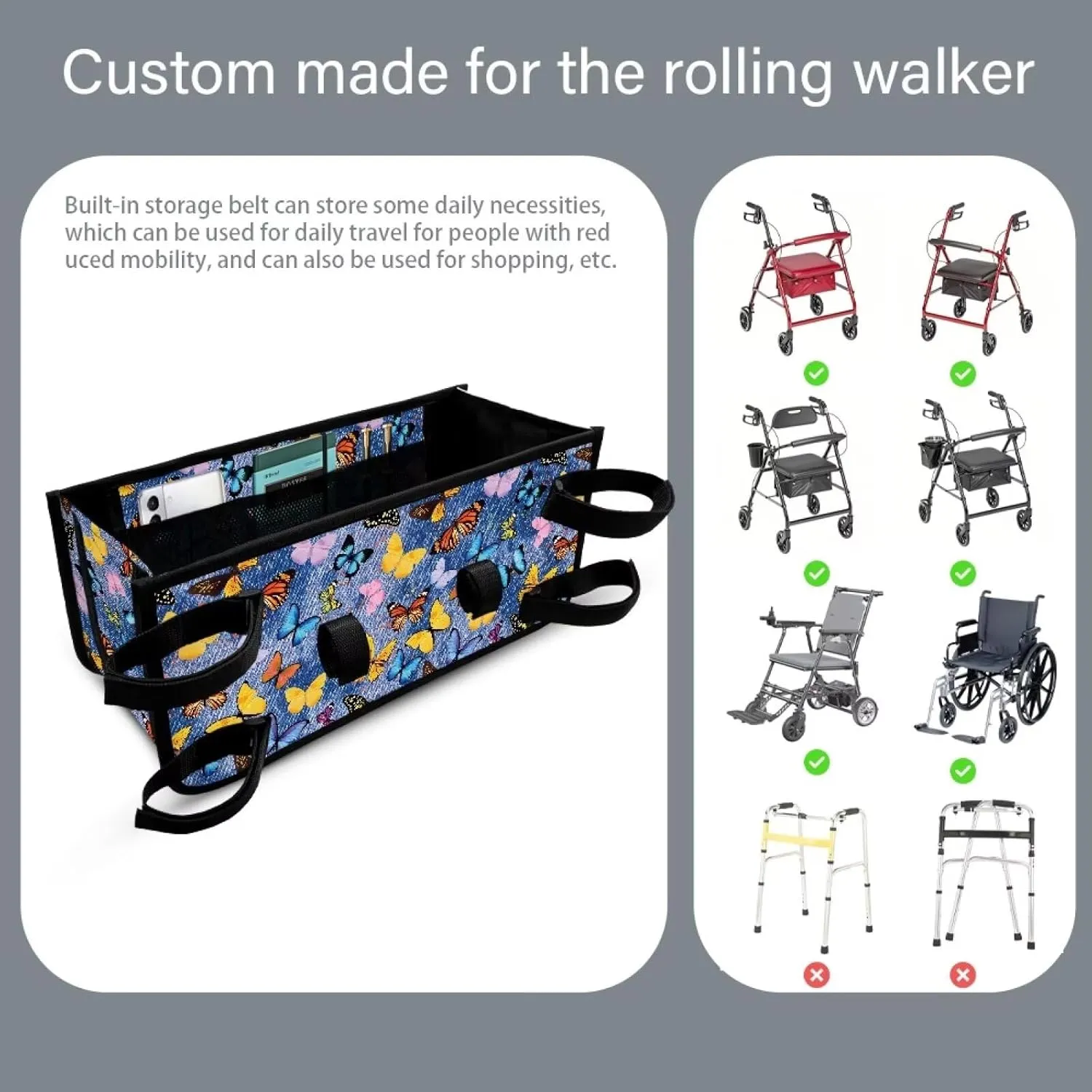 Butterfly Rollator Bag Tote Organizer for Universal Walkers Walker Bag Mobility Aid Accessory Pouch for Seniors in Assisted Living