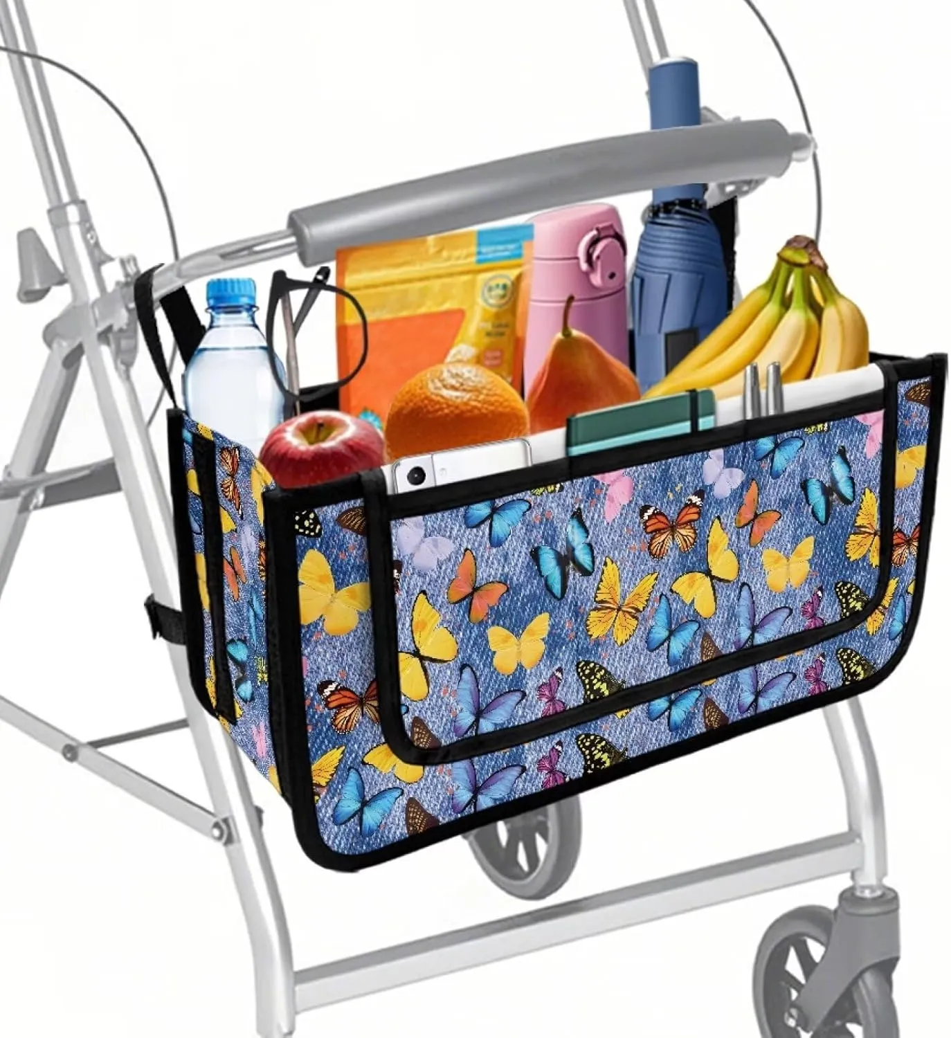 Butterfly Rollator Bag Tote Organizer for Universal Walkers Walker Bag Mobility Aid Accessory Pouch for Seniors in Assisted Living